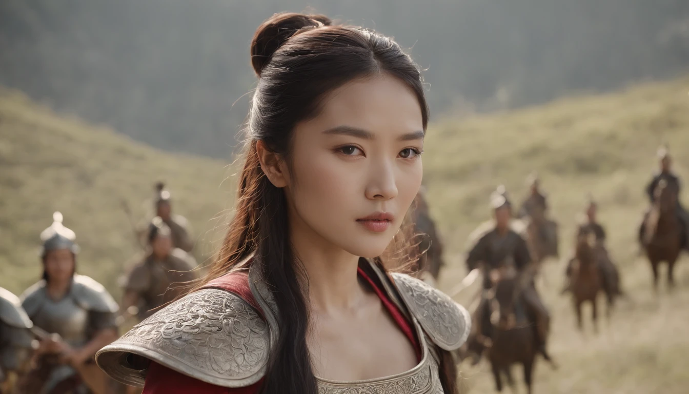 a person々Alafed woman in armor standing in front of a group of, Beautiful realistic woman、Young sensual gravure idol、No clothes、a young woman as genghis khan, portrait of mulan, sha xi, a beautiful woman warrior, Inspired by Li Di, xianxia hero, mu pan, heise-lian yan fang, xianxia, still from a fantasy movie, warrior princess, xue han