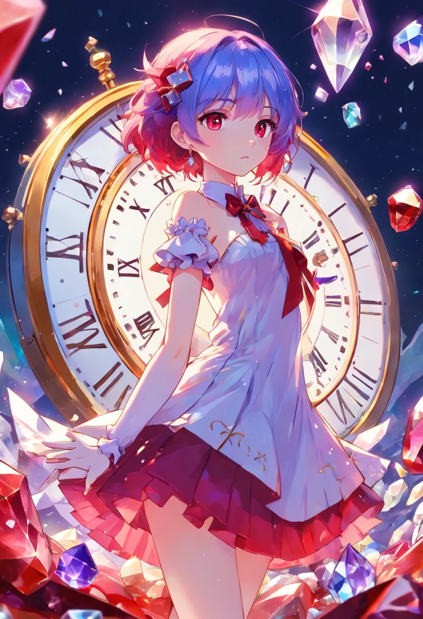 (((crystals texture Hair))),{{{{{Extremely detailed CG}}}}},{{8K_the wallpaper}},{{{{Crystalline purple gemstone gloves}}}},((Beautiful detailed glass hair)),((Glass shaped texture hand)),((crystallize texture body)),gem body,Hands as clear as jewels,crystallization of clothes,((crystals texture skin)),Sparkle, Lens flare, light leaks, Broken glass,{{{{detailed glass shaped clothes}}}}, ((Masterpiece)), (((Best quality))), ((Ultra-detailed)), ((illustration)), ((Disheveled hair)), ((frilld)), (1 girl), (Solo), Dynamic Angle, big top sleeves, Floating, beautiful detailed gemstone sky, gemstone sea, Beautiful detailed eyes, Overexposure, side blunt bangs, hairs between eyes, Ribbons, neck bowtie, macaron, Bare shoulders, (((Small breast))), Pleated skirt, crystals texture flowers, ((detailed crystallized clothing)),(gemstone of body),solofocus,{{{{{{{{Iridescence and rainbow hair:2.5}}}}}}},{{{{{{detailed cute anime face}}}}}},{{}},{{{{{aquarelle_(mediating)}}}},(((Masterpiece))),(((clock))),(((Red))),(((Blood))),finedetail,Depth of field,Blood drop,Blood fog