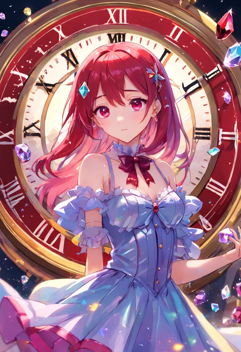 (((crystals texture Hair))),{{{{{Extremely detailed CG}}}}},{{8K_the wallpaper}},{{{{Crystalline purple gemstone gloves}}}},((Beautiful detailed glass hair)),((Glass shaped texture hand)),((crystallize texture body)),gem body,Hands as clear as jewels,crystallization of clothes,((crystals texture skin)),Sparkle, Lens flare, light leaks, Broken glass,{{{{detailed glass shaped clothes}}}}, ((Masterpiece)), (((Best quality))), ((Ultra-detailed)), ((illustration)), ((Disheveled hair)), ((frilld)), (1 girl), (Solo), Dynamic Angle, big top sleeves, Floating, beautiful detailed gemstone sky, gemstone sea, Beautiful detailed eyes, Overexposure, side blunt bangs, hairs between eyes, Ribbons, neck bowtie, macaron, Bare shoulders, (((Small breast))), Pleated skirt, crystals texture flowers, ((detailed crystallized clothing)),(gemstone of body),solofocus,{{{{{{{{Iridescence and rainbow hair:2.5}}}}}}},{{{{{{detailed cute anime face}}}}}},{{}},{{{{{aquarelle_(mediating)}}}},(((Masterpiece))),(((clock))),(((Red))),(((Blood))),finedetail,Depth of field,Blood drop,Blood fog