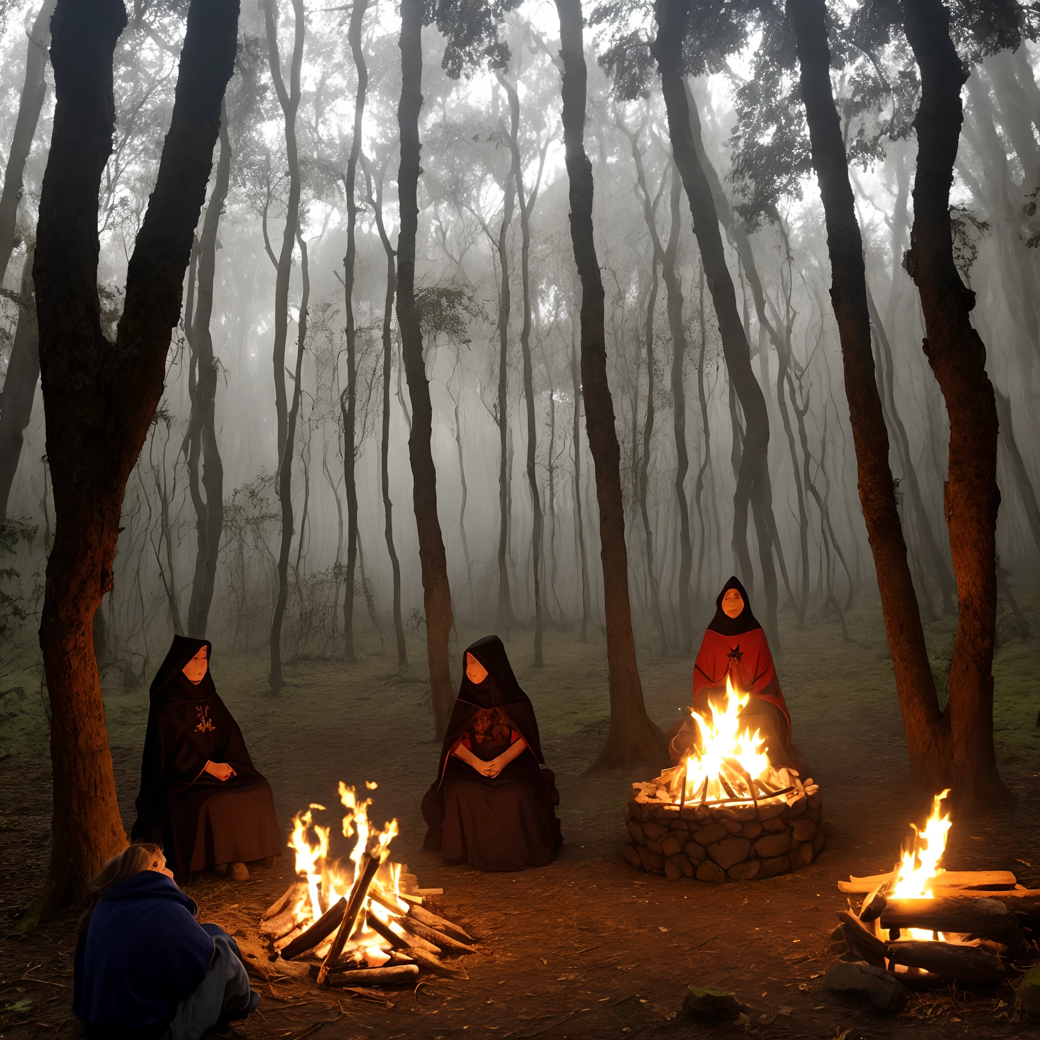 Tres brujas en medio de un bosque y una fogata