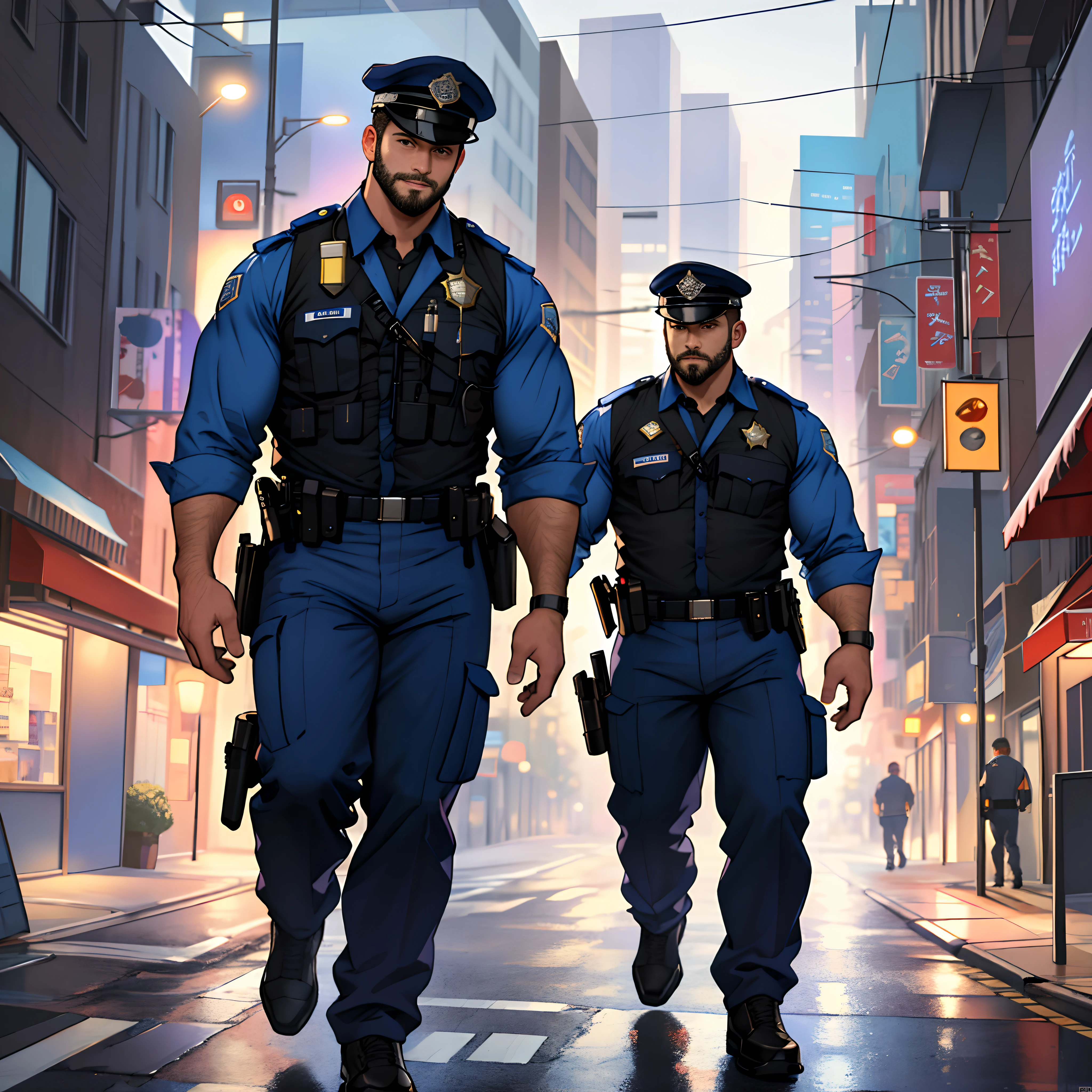 best quality, masterpiece, super high resolution, detailed background, realism, illustrations, single, 1 boy, street, muscle, volumetric lighting, depth of field, facial hair, full body, police uniform