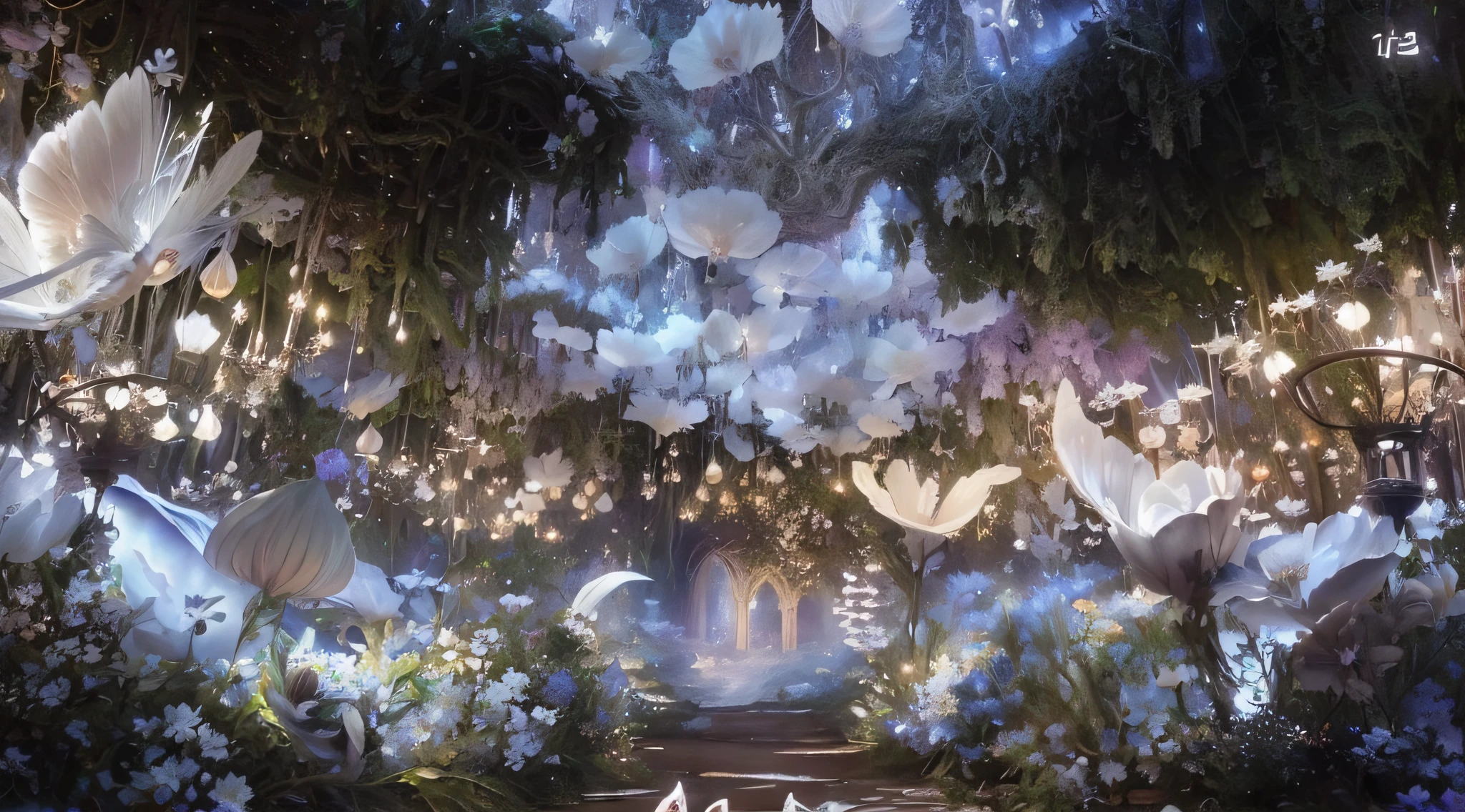 There are many white flowers and white birds in the air, very magical and dreamy, magical dream-like atmosphere, ethereal fairytale, dreamy atmosphere and drama, Fairy atmosphere, in a whimsical fairytale forest, a paradise like a fairyland, beautiful render of a fairytale, magical fairy background, fairy aesthetics, Magical area, Dreamy atmosphere, stunning arcanum backdrop