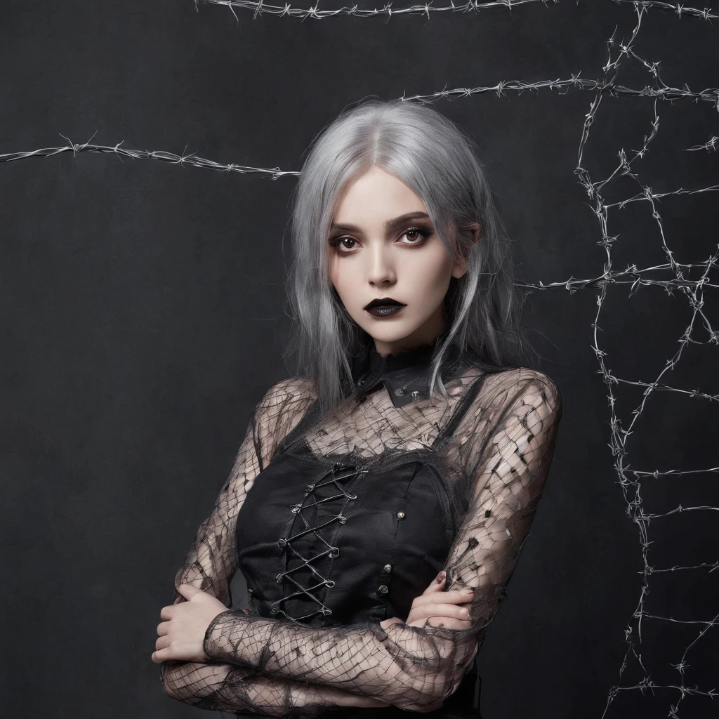 Girl with gothic net symbolic clothes, 。.com (Barbed wire of the body) brunette color hair,Gray hair ends