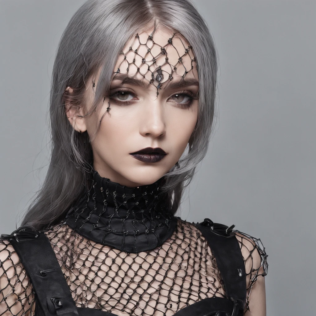 Girl with gothic net symbolic clothes, 。.com (Barbed wire of the body) brunette color hair，Gray hair ends