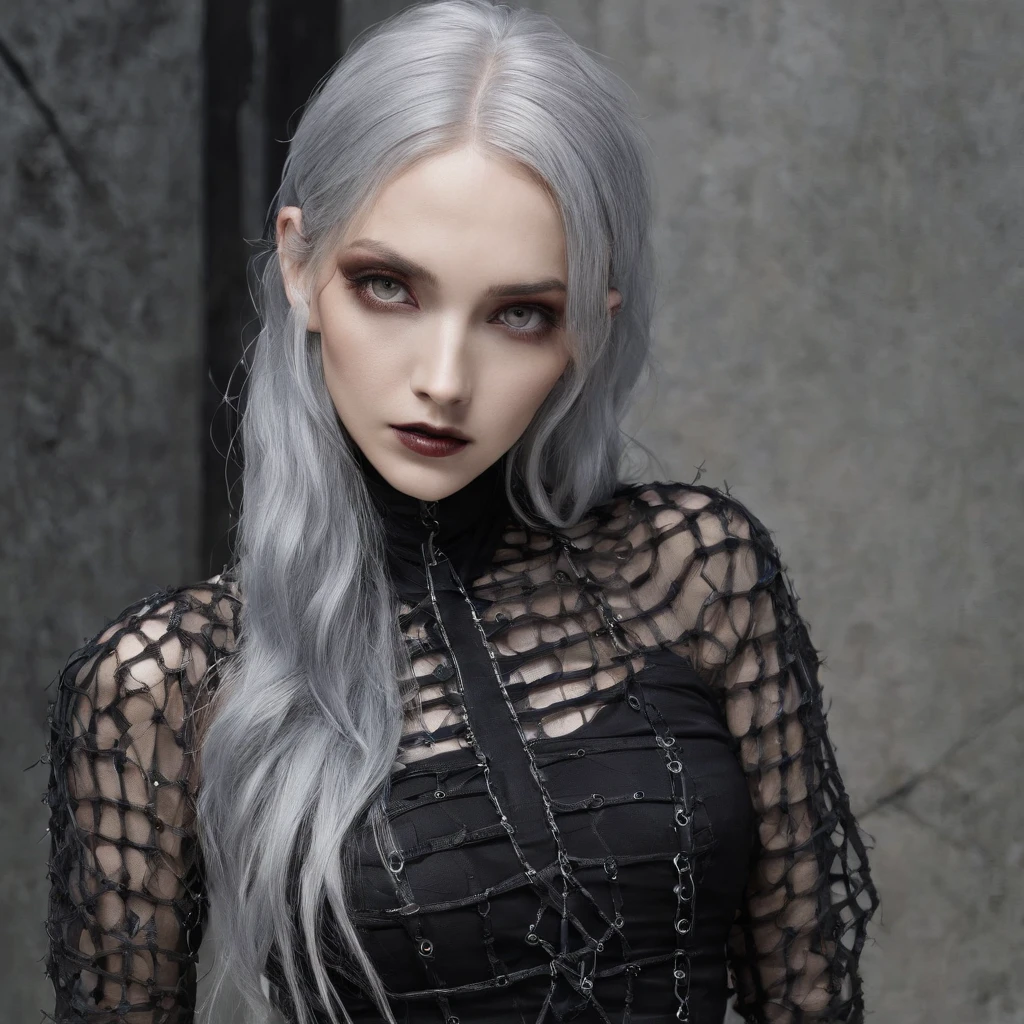 Girl with gothic net symbolic clothes, 。.com (Barbed wire of the body) brunette color hair，Gray hair ends