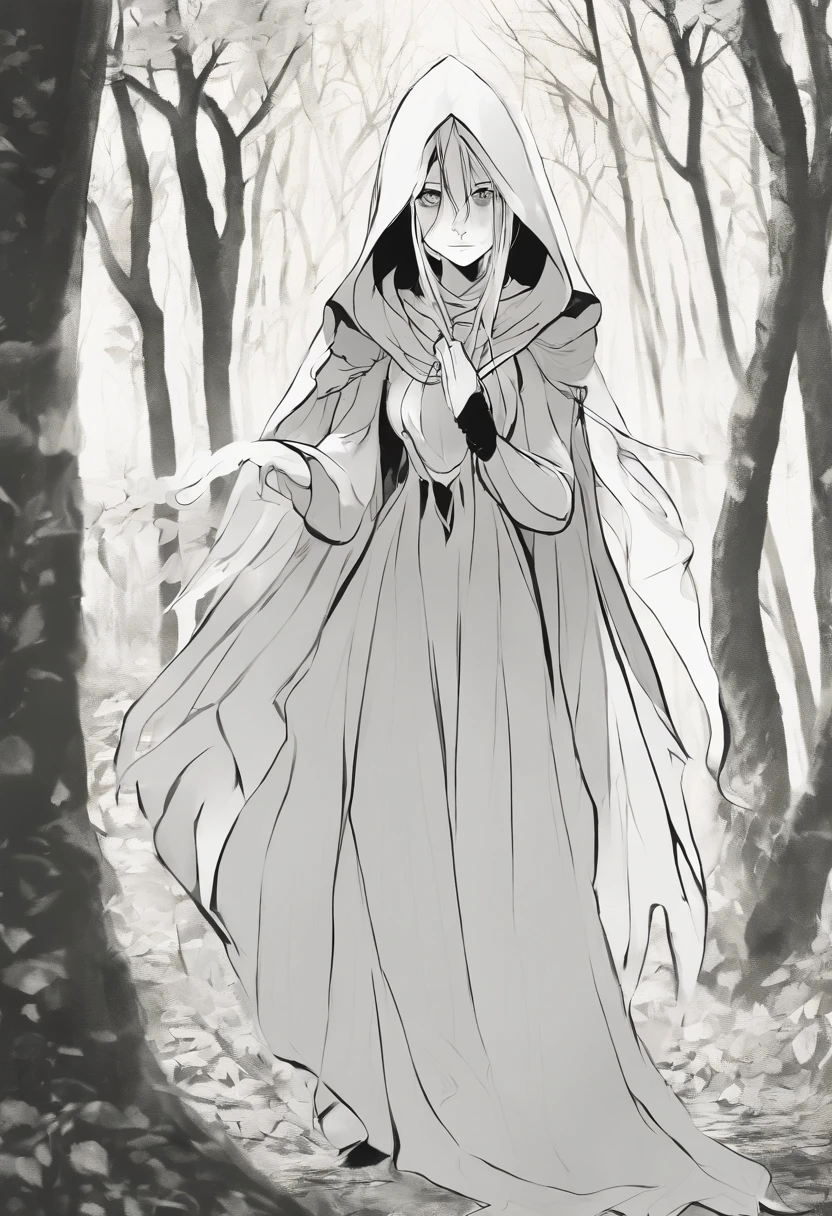 short girl with a large and long puffy black dress with long sleeves covering her entire body, white sickly skin, long black gloves, very light blond long hair slightly covering her face, empty and tired black eyes, standing in a dark forest, a black hood over her head, sad and tired expression on her face, weak and malnourished body structure