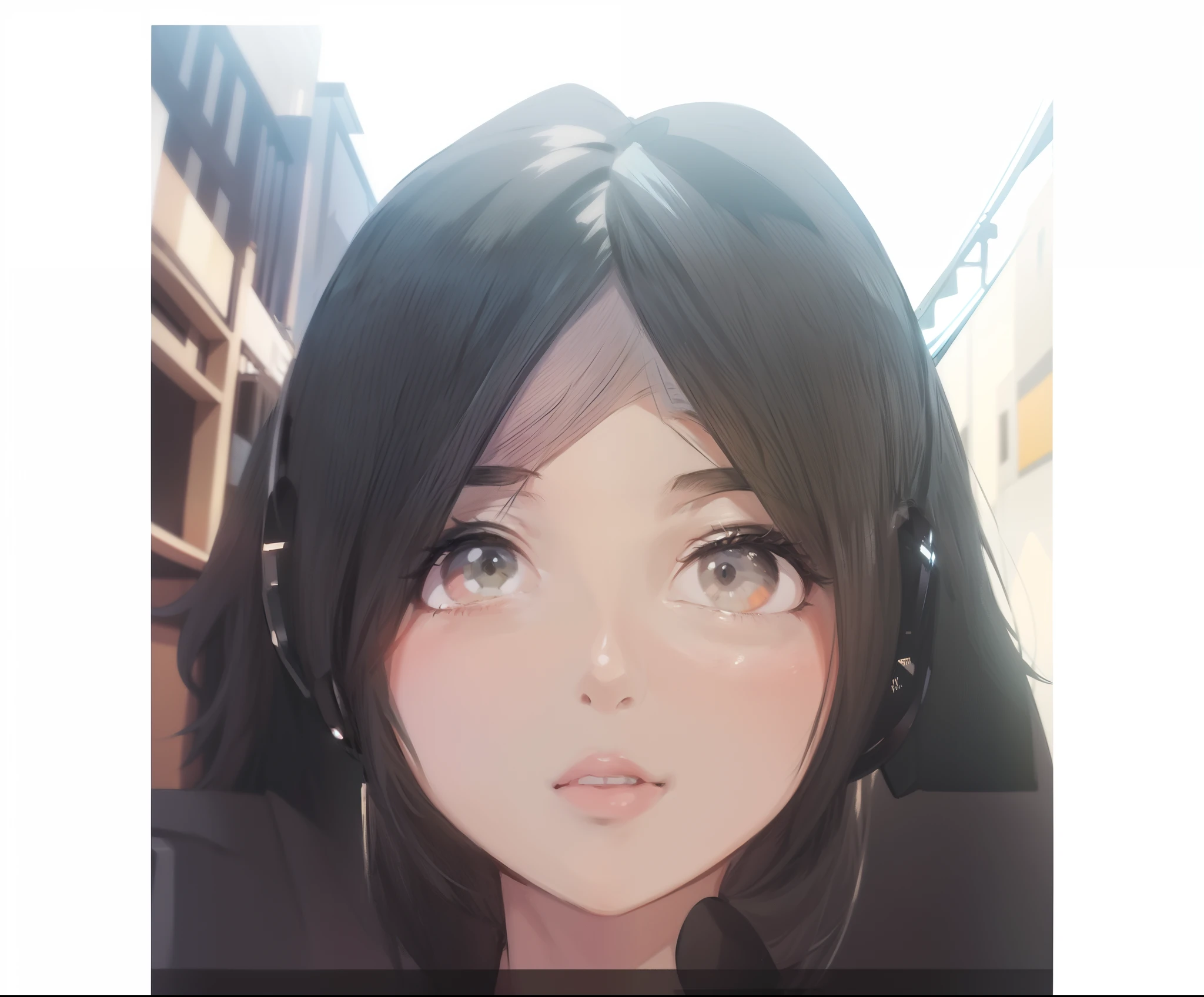 Girl, side portrait, Black and white, Messy short hair, Avant-garde accessories,Sporty style, Casual T-shirt, Confident gaze, monochromatic color scheme, Looks to the side, Chic street fashion, Casual hand in pocket pose,Head,((One guy)),Over-ear headphones, Large earmuffs,Luxurious long hair