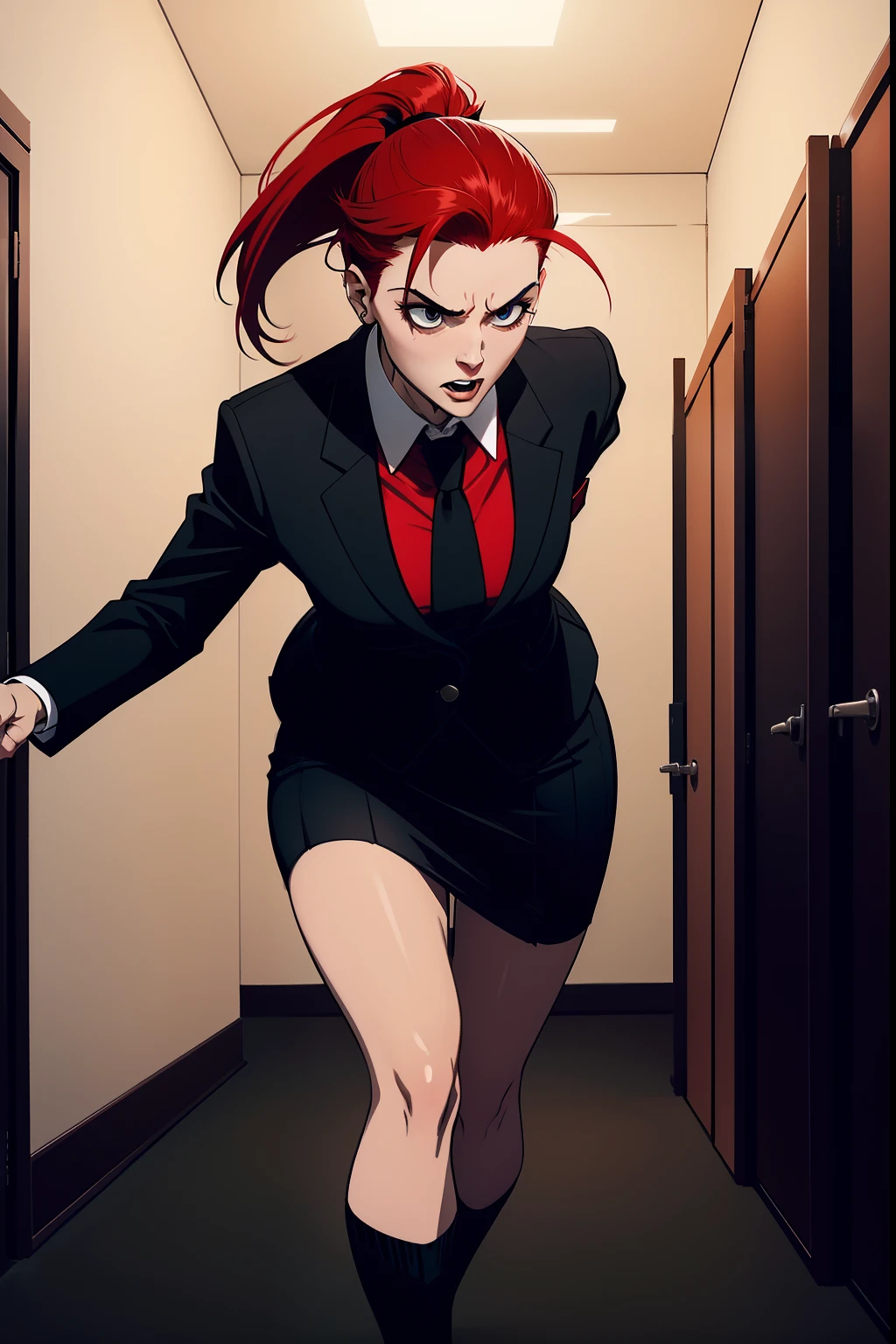 woman, red ponytail hair, wearing a black office suit, red tie,black office skirt, scared, fear, running, dark, midnight