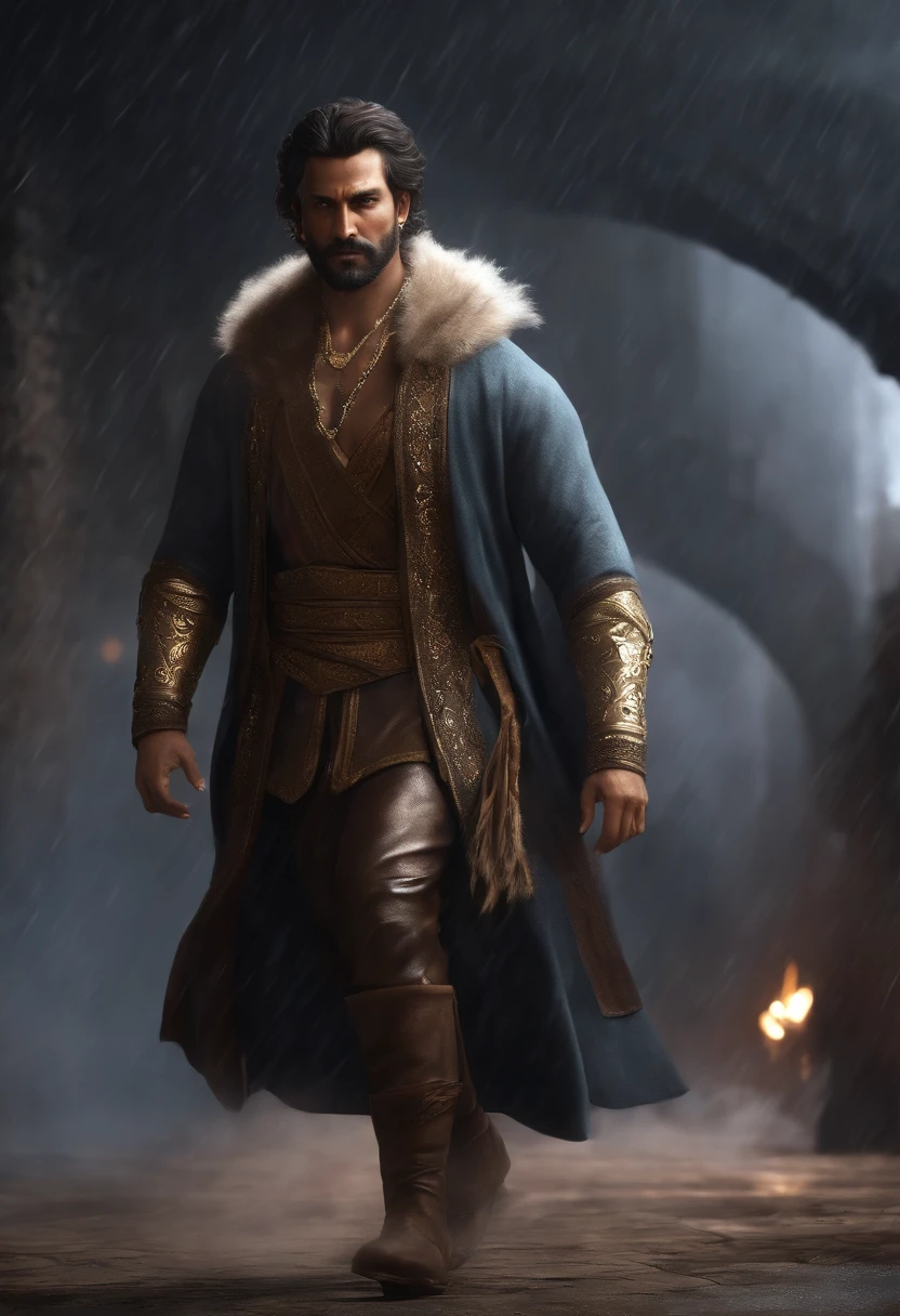 Indian King, In Indian dress (Professional 3D rendering:1.3) by (Realistic:1.3) The most beautiful art painting in the world,Features of the software, Bright male heroes, ((Epic fantasy hero, rough muscular man, wet hero, angry look, long hair, short beard and ferocious facial expression in a dynamic pose, in a golden robe, Fantastic location, Majestic cluttered surroundings)), 8K Full-Body Rendering, action shot, pores skin, very dark lighting, Strong shading, Detailed, Detailed Face, (Vibrants, Photorealistic, Realistic , dramatic, Dark, sharp-focus, 8K), (Old leather clothes, spoiled by bad weather:1.4), ((((Use furs)))), (Intricate:1.4), decayed, (Highly detailed:1.4), digital paintting, Octane rendering, Art Stations, ConceptArt, Smooth, sharp-focus, illustartion, The germ of art, (loish:0.23), Wlop Ilya Kuvshinov, and Greg Rutkowski and Alphonse Mucha Gracias, (Global Illumination, studio light, light volumetric ), heavy rain, particles floating, scoundrel, Fantasy, elf, full bodyesbian, ((Dark background of the old town:1.3)),CGSesociedade,Art Stations