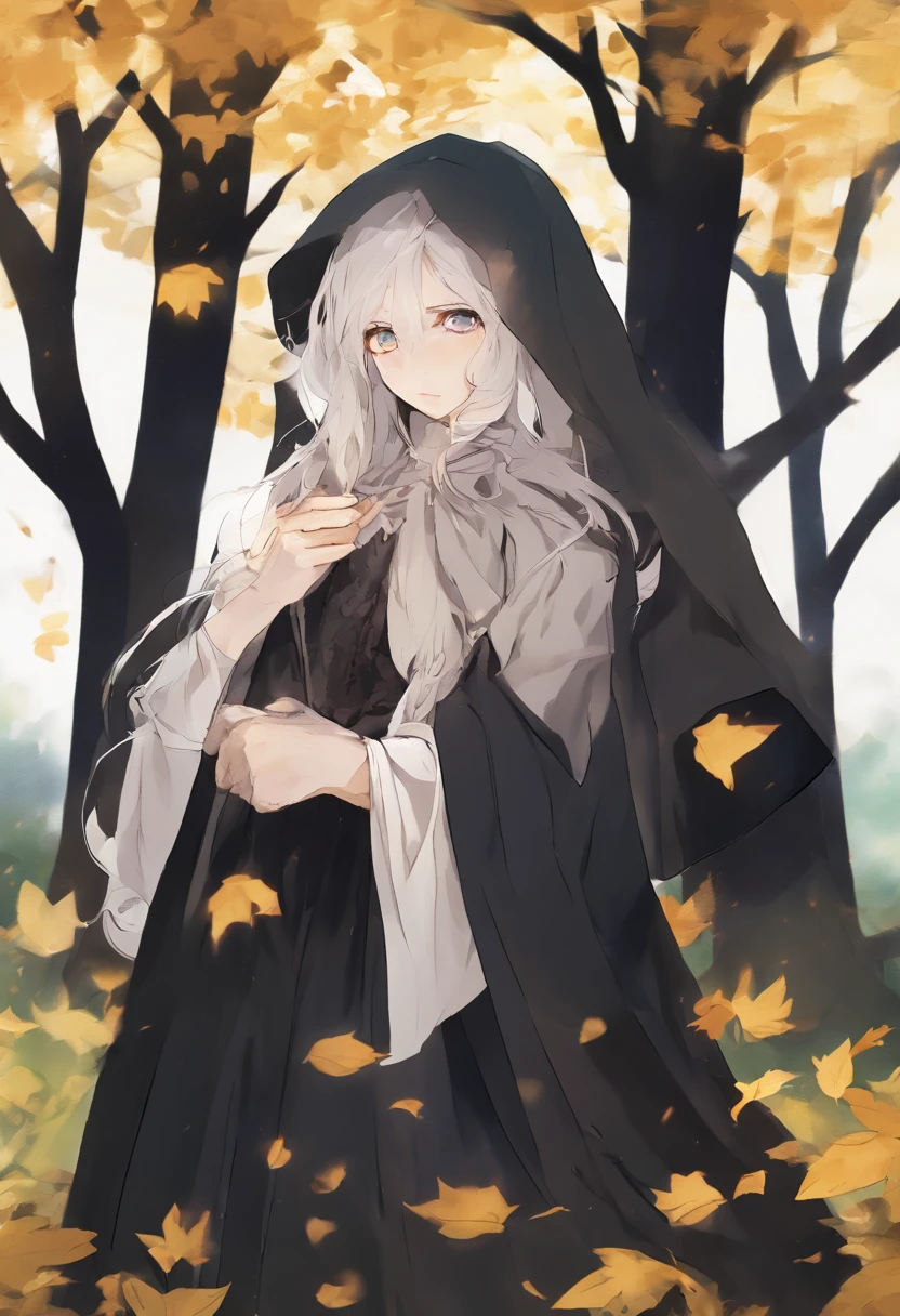 short girl with a large and long puffy black dress with long sleeves covering her entire body, white sickly skin, long black gloves, very light blond long hair slightly covering her face, empty and tired black eyes, standing in a dark forest, a black hood over her head, sad and tired expression on her face, weak and malnourished body structure