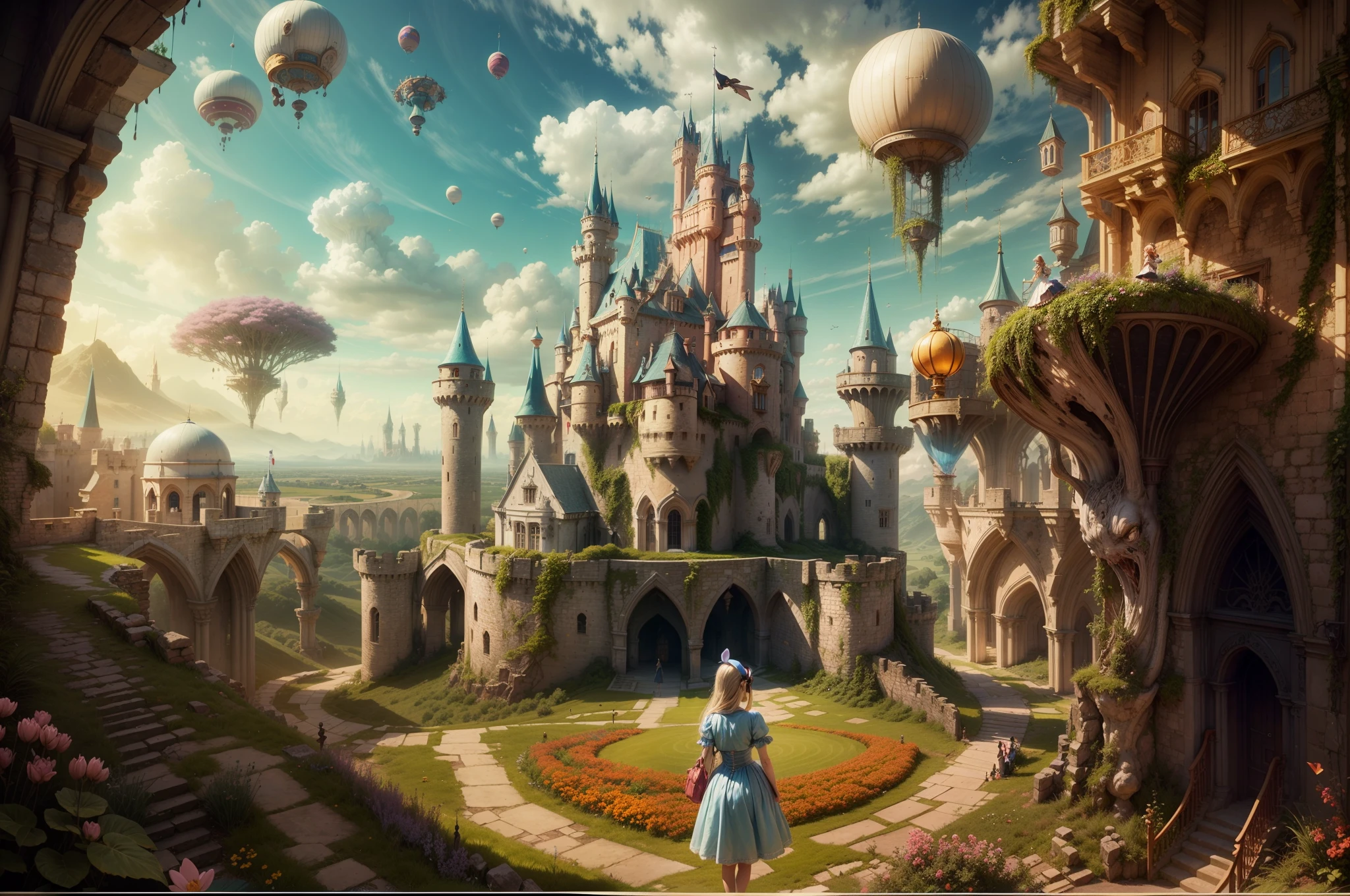 arafed view of a castle with a woman walking in front, inside her surreal vr castle, beautiful castle, beautiful render of a fairytale, like alice in wonderland, flying cloud castle, very far royal steampunk castle, photorealistic disney, magical castle, in a castle on an alien planet, alice attends mad tea party, standing near a castle, abandoned castle in the sky