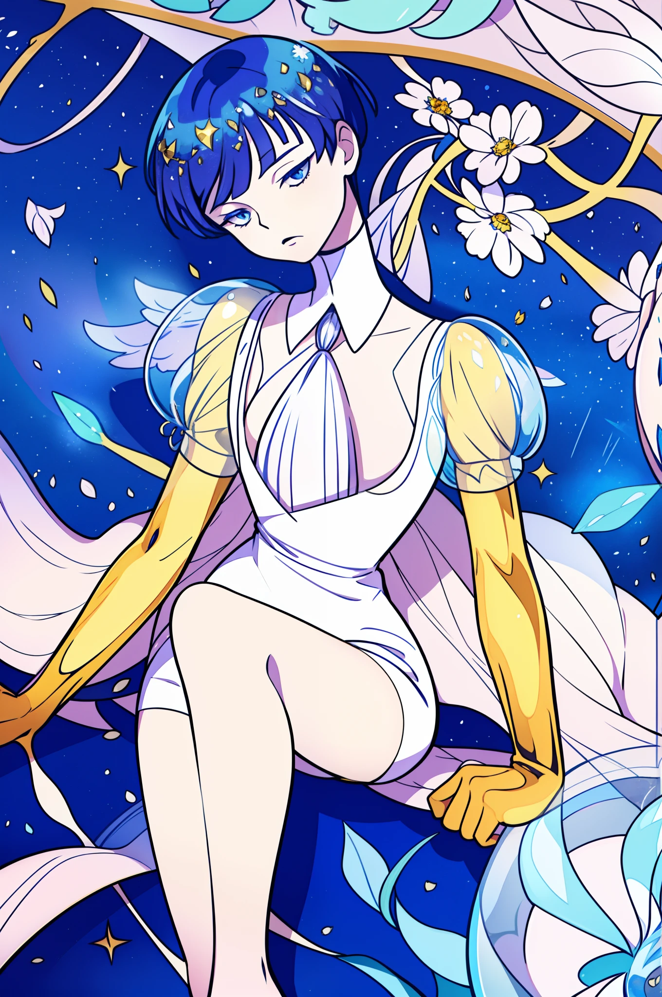 phosphophyllite \(ll\), golden arms, crystal hair, heterochromia, blue eyes, white eyes, colored eyelashes, gem uniform, necktie, puffy short sleeves, shorts, illustration, flowers, closed eyes, petals