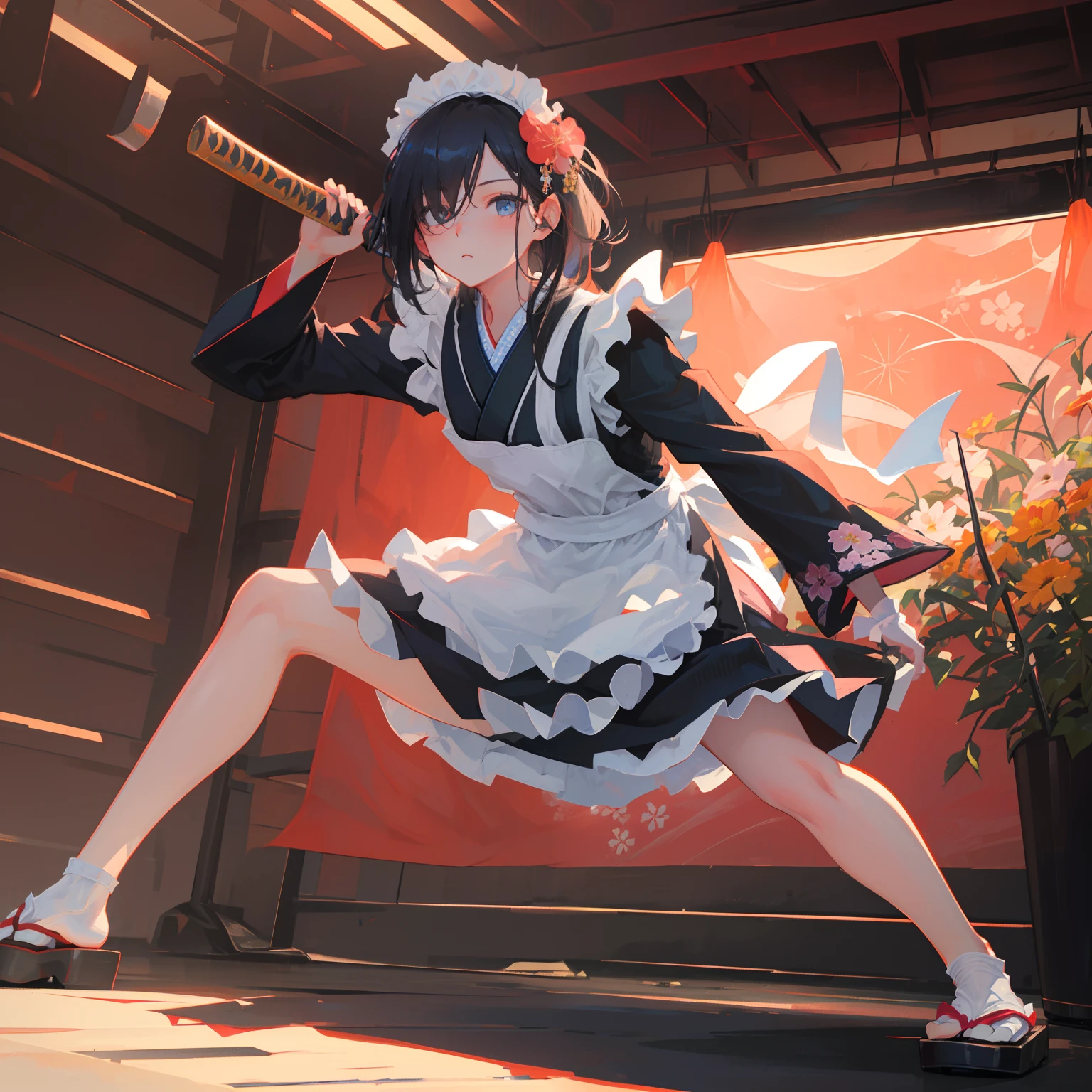 Best Quality, (Extremely detailed: 1.5), masutepiece, 超A high resolution,(photographrealistic:1.4), 1 beautiful girl, Cowboy Shot, (Wear battle armor:1.4), (Wear battle armor:1.6), (Floral part terund black kimono:1.6), (maid:1.6), Black Maid Micro Skirt, holding a katana, Long straight hair, Hair over one eye,(Big eyes:1.1), Black hair, (Raw feet:1.3),Wind, Dynamic Angle, Dynamic Pose