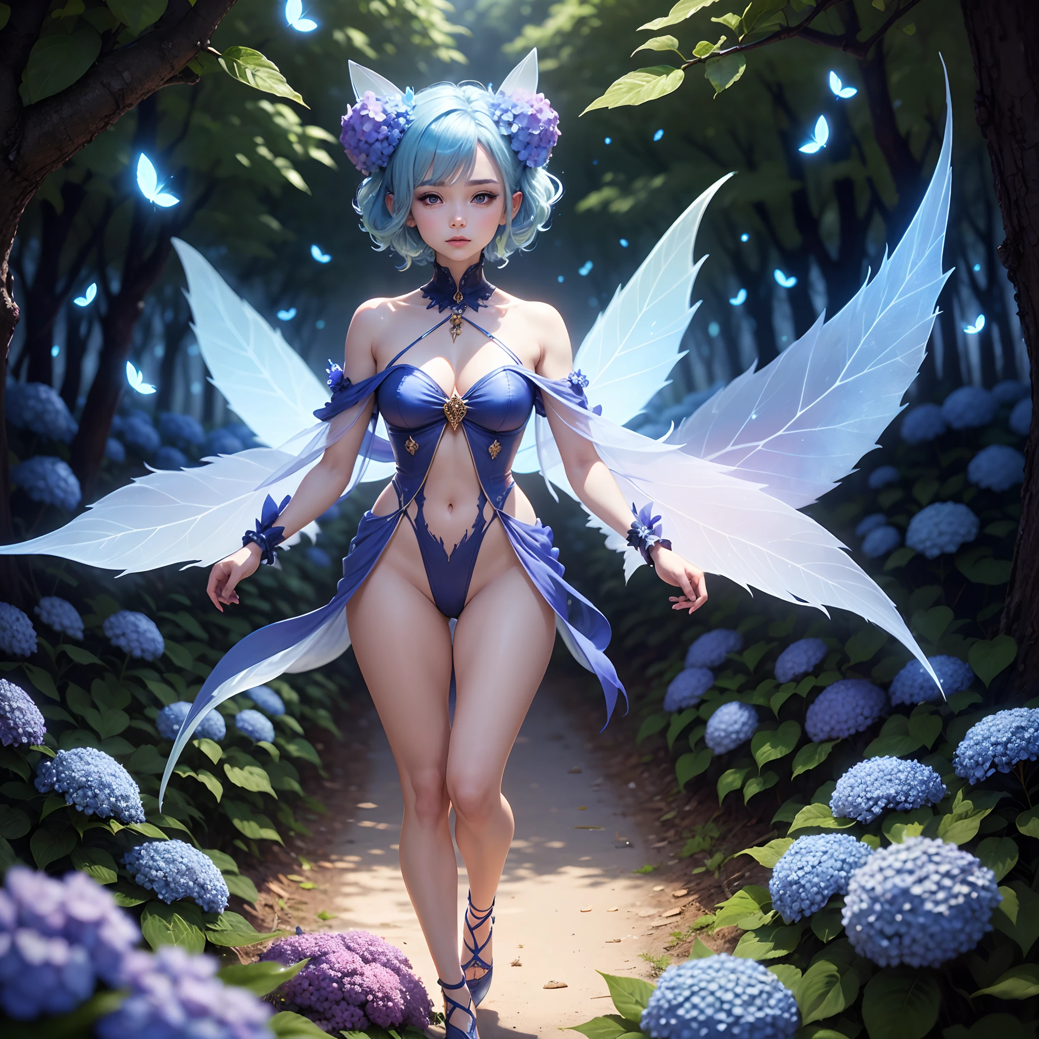 full body, fantasy, (cowboy shots: 1.3), (blue hair), (blue gradient hair), (hydrangea hair ornament), fairy, Transparent fantasy clothes, (transparent fairy feathers), blue skin, pixie ears, (in the Enchanted Forest: 1.3), (blue neon tree), (night: 1.4), (neon fireflies), glowing dust, white particles in the air, fantasy costumes, (transparent fairy wings), fairy ears, Gods, boy, hydrangea blue flowers, in the blue hydrangea field, reaching out to hydrangea