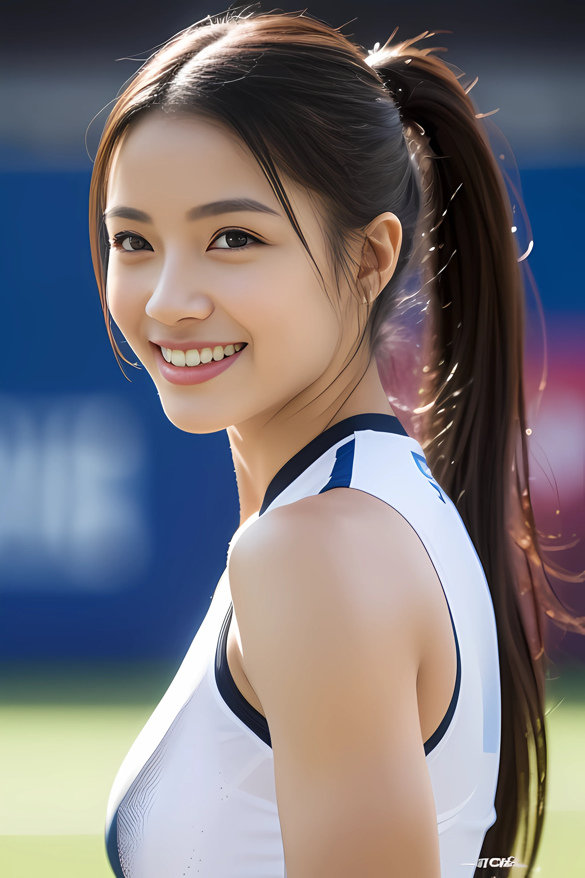 (((full body lesbian)))、Japanese beautiful girl、((short ponytail))、pose、perfect style、Track and field uniform、beautiful legs、kawaii、((track & women's track and field athletes))、(((1 person)))、((stadium))、Super cute、smile slightly、beautiful breasts、full body lesbian、playground、((Outstanding style))、((healthy body))、 Realism、Beautiful and delicate eyes、Surrealism、high contrast、ultra high definition、Realistic skin texture、Top image quality、top quality、ultra high resolution、fine details、very attentive