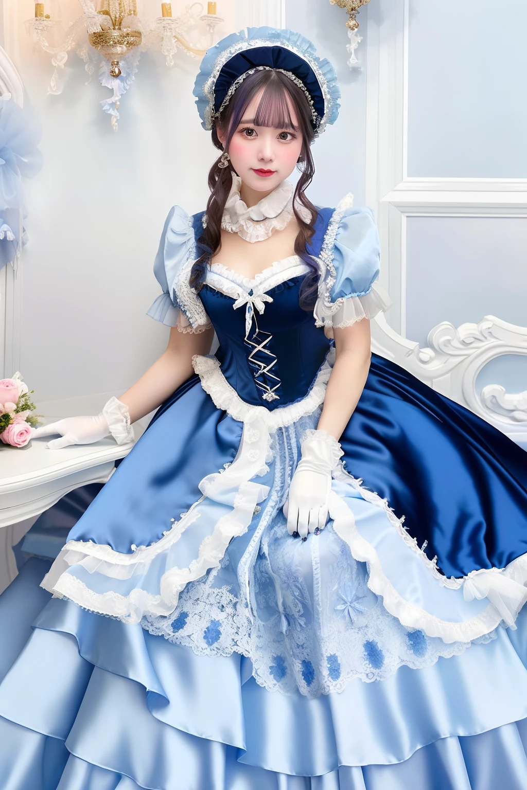 Close up portrait of woman in blue satin dress and white satin gloves, rococo dress, rococo queen, victorian blue dress, rococo ruffles dress, dress in the style of rococo, fantasy dress, ta style, ethereal fairy tale, Icy Blue Dress, victorian dress, Loliashion, magical dress, Full dress, fairycore, Belle Delphine