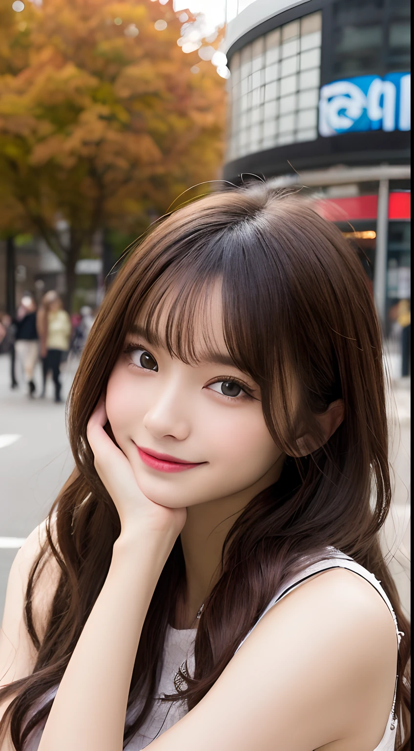 masutepiece, Best Quality, Illustration, Ultra-detailed, finely detail, hight resolution, 8K Wallpaper, Perfect dynamic composition, Beautiful detailed eyes, Women's Fashion Autumn Clothes,Medium Hair,Small breasts natural color lip, Bold sexy poses,Smile,Harajuku、20 years girl、Cute、Sexy shot looking at camera