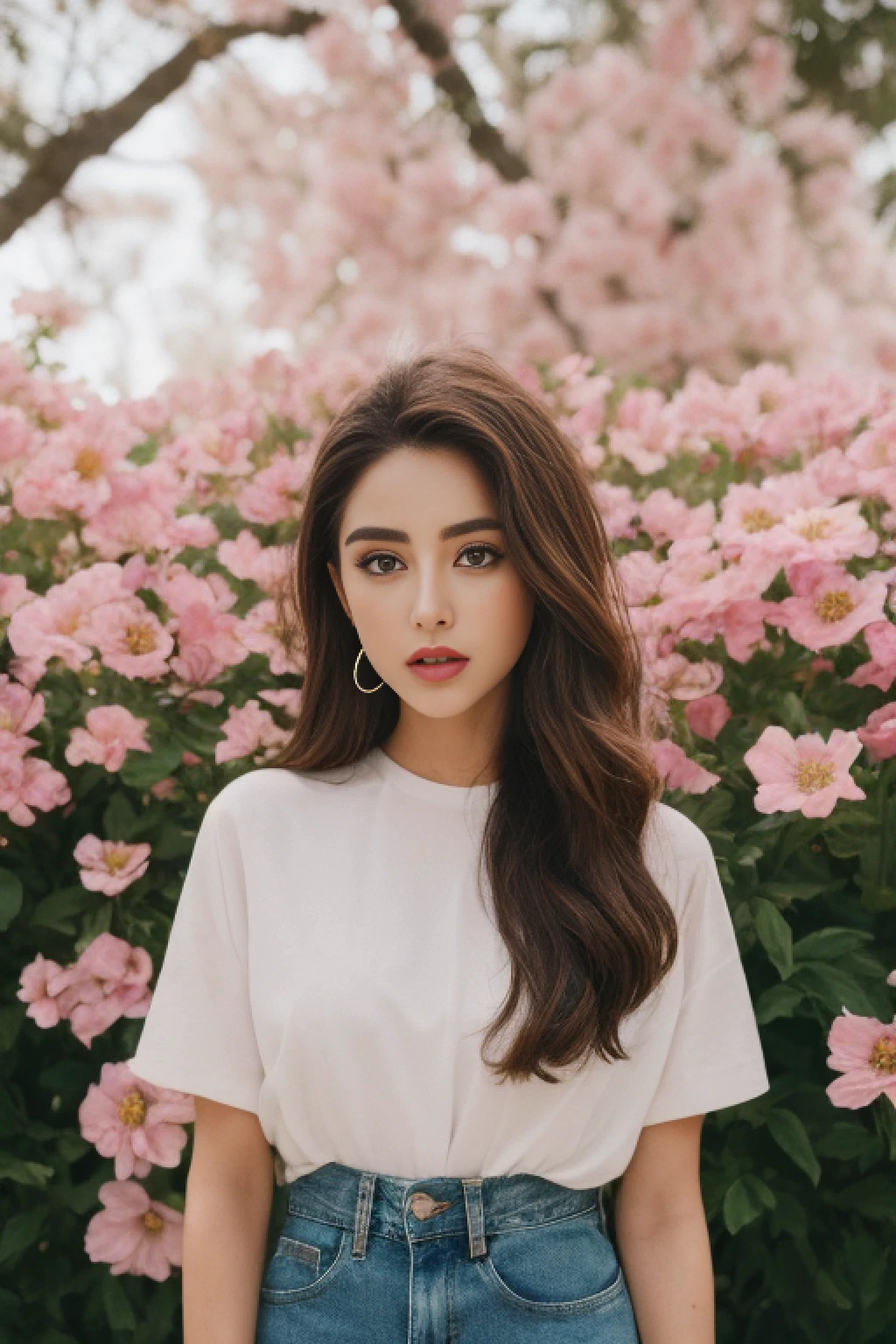 ((Realistic lighting, Best quality, 8K, Masterpiece: 1.3)), Clear focus: 1.2, 2girl, Perfect Figure: 1.4, Slim Abs: 1.1, ((Dark brown hair)), (over size shirt mom style jeans: 1.4), , , Super fine face, Fine eyes, Double eyelids, woman posing for the camera in front of flowers, a portrait inspired by Gina Pellón, instagram, tachisme, violet myers, lorena avarez, olivia culpo, alanis guillen, looks like laura barriales, portrait sophie mudd, tanned ameera al taweel, beautiful mexican woman