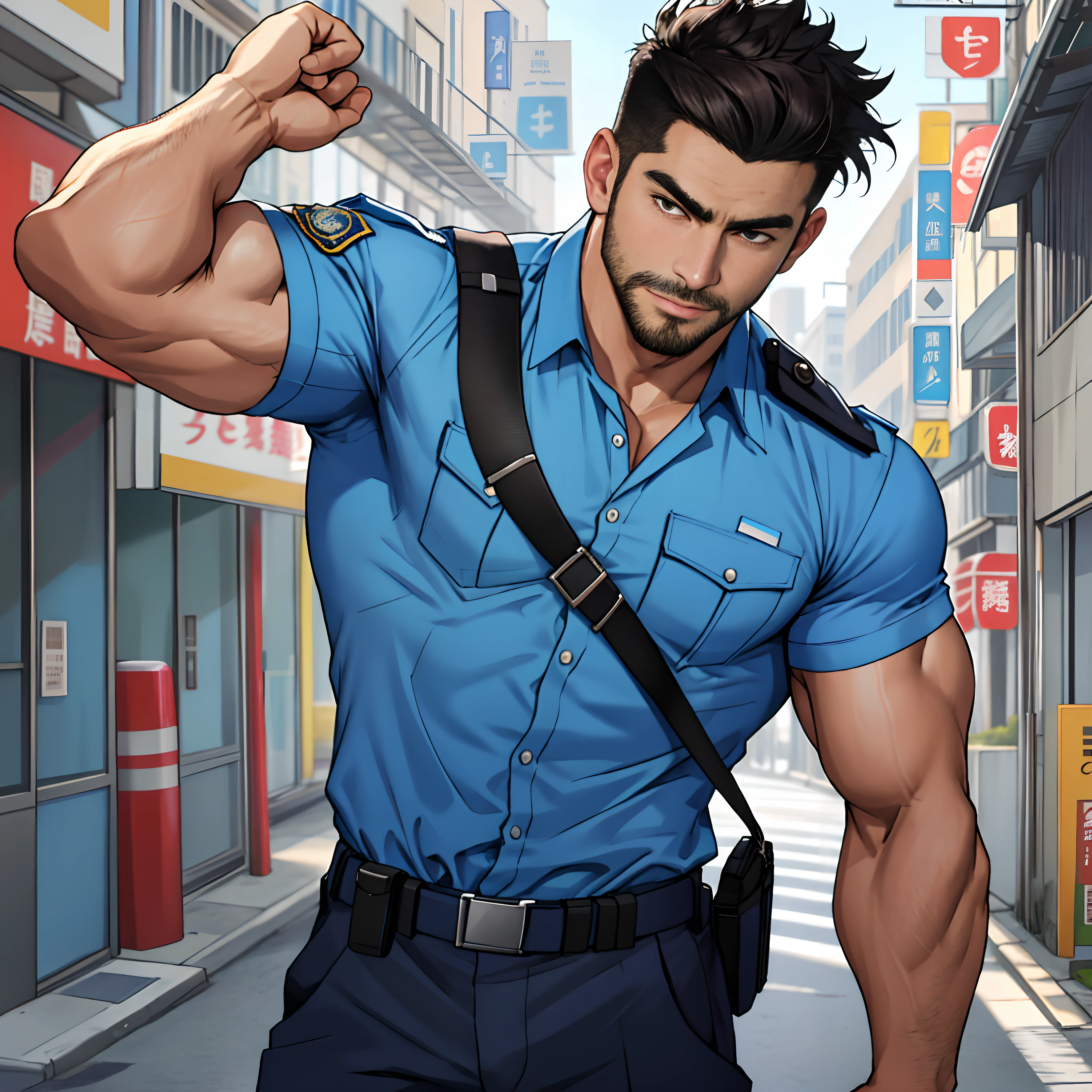 best qualtiy, tmasterpiece, 超高分辨率, detailedbackground, photorealestic, illustratio, Single, 1 boy, Muscle men, sbeard, Police, the street, musculature, Handsome and mature face shape, Volumetriclighting, depth of fields, Blue short-sleeved shirt police uniform