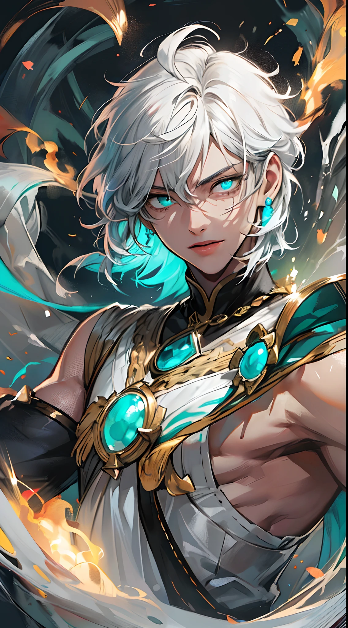 absurdress, (Excellent composition), 1boy, a handsome, ember, dynamic foreshortening, dinamic lighting, Well-built, olive skin, Coiling hair, Exquisite, 3/4 frames, a handsome_male,
Fantasy, Regal, nobleman,sharp face ,Short Hair Hair, white hair light, glowing Cyan eyes, Princely attire, cloudy skies, grey hair strokes