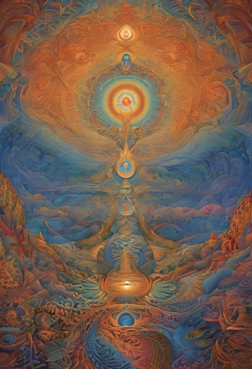 Alex Grey, hyper-detailed visionary art, Alex Grey style, Alex Grey and Romero Ressendi, highly detailed visionary art, DMT art, by Alex Grey, Alex Grey and Beksinski, vivid colors, realistic interpretations, intricate psychedelic patterns, intricate anatomical details, mind-expanding imagery, transcendent experiences, intricate brushwork, ethereal landscapes, spiritual awakenings, intricate compositions, cosmic connections, intricate line work, exploration of consciousness, dynamic visual narratives, interplay of light and shadow, intricate symbolism, otherworldly dimensions, sacred geometry, intense emotional depth, profound spiritual themes, multi-layered storytelling, vibrant and saturated hues, hypnotic textures, fusion of human and divine, intricate portraits, surreal landscapes, divine energy, vibrant expressions, intricate blending techniques, psychedelic journeys, mystical visions, serene and peaceful atmospheres, captivating and thought-provoking scenes. (Best quality, 4k, 8k, highres, masterpiece:1.2), ultra-detailed, (realistic, photorealistic, photo-realistic:1.37), HDR, UHD, studio lighting, ultra-fine painting, sharp focus, physically-based rendering, extreme detail description, professional, bokeh.