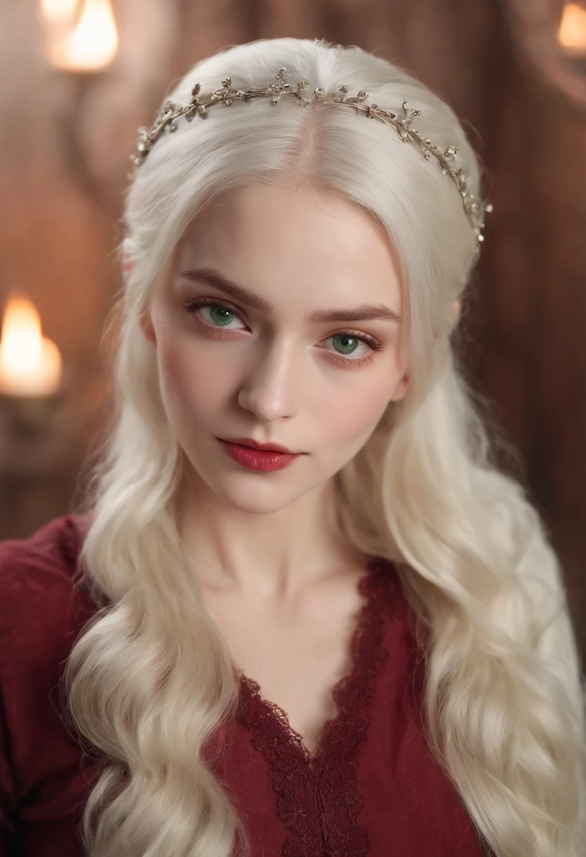 (((a deep reddish wound crosses her left cheek))) fair complexion, woman around 19 years old, natural white hair, distinctive green eyes, wearing kohl, slender and graceful, beautiful, candlelight in a medieval setting, ultra sharp focus, realistic shot, medieval female clothes, tetradic colors (scar:1.4)