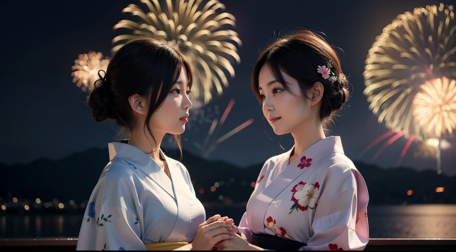 Beautiful mother and beautiful daughter in yukata seeing fireworks