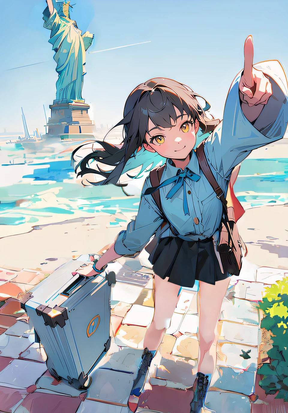 comic_book_layout:1.3, a  girl goes to the statue of liberty
