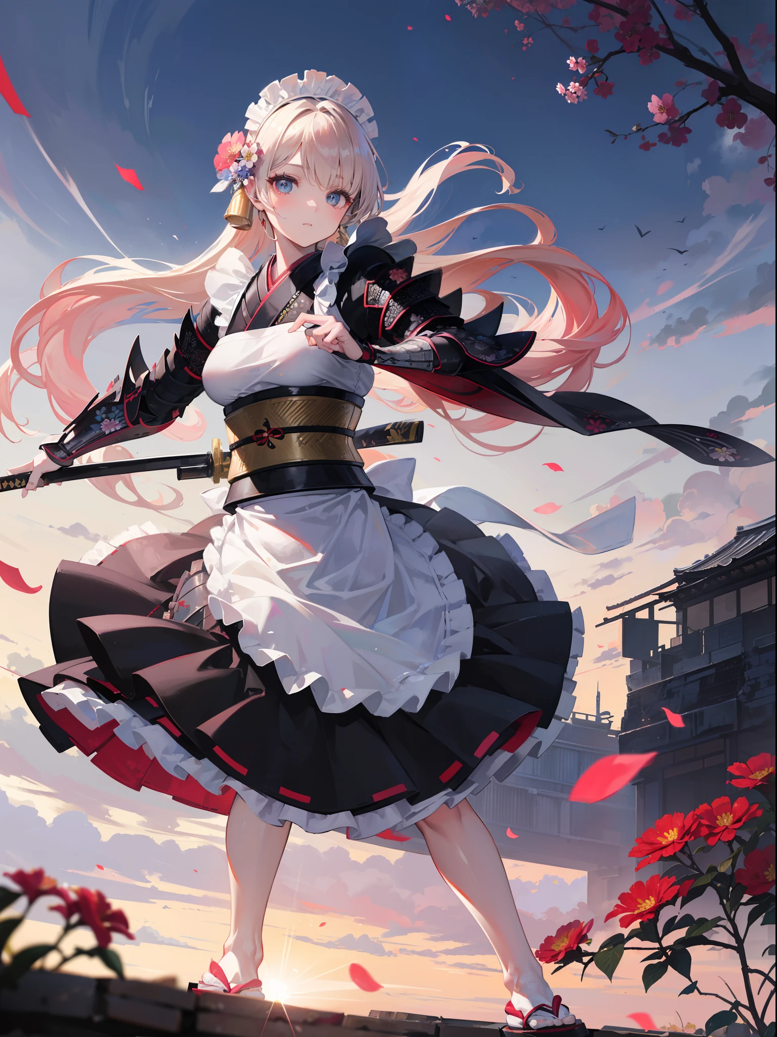 Best Quality, (Extremely detailed: 1.5), masutepiece, 超A high resolution,(photographrealistic:1.4), 1 beautiful girl, Cowboy Shot, (Wear battle armor:1.4), (Wear battle armor:1.6), (Floral part Telund black kimono:1.6), (maid:1.6), Pink Maid Micro Skirt, holding a katana, Hair in a long ponytail, Hair over one eye,(Big eyes:1.1), Golden hair, (Raw feet:1.3),Wind, Dynamic Angle, Dynamic Pose