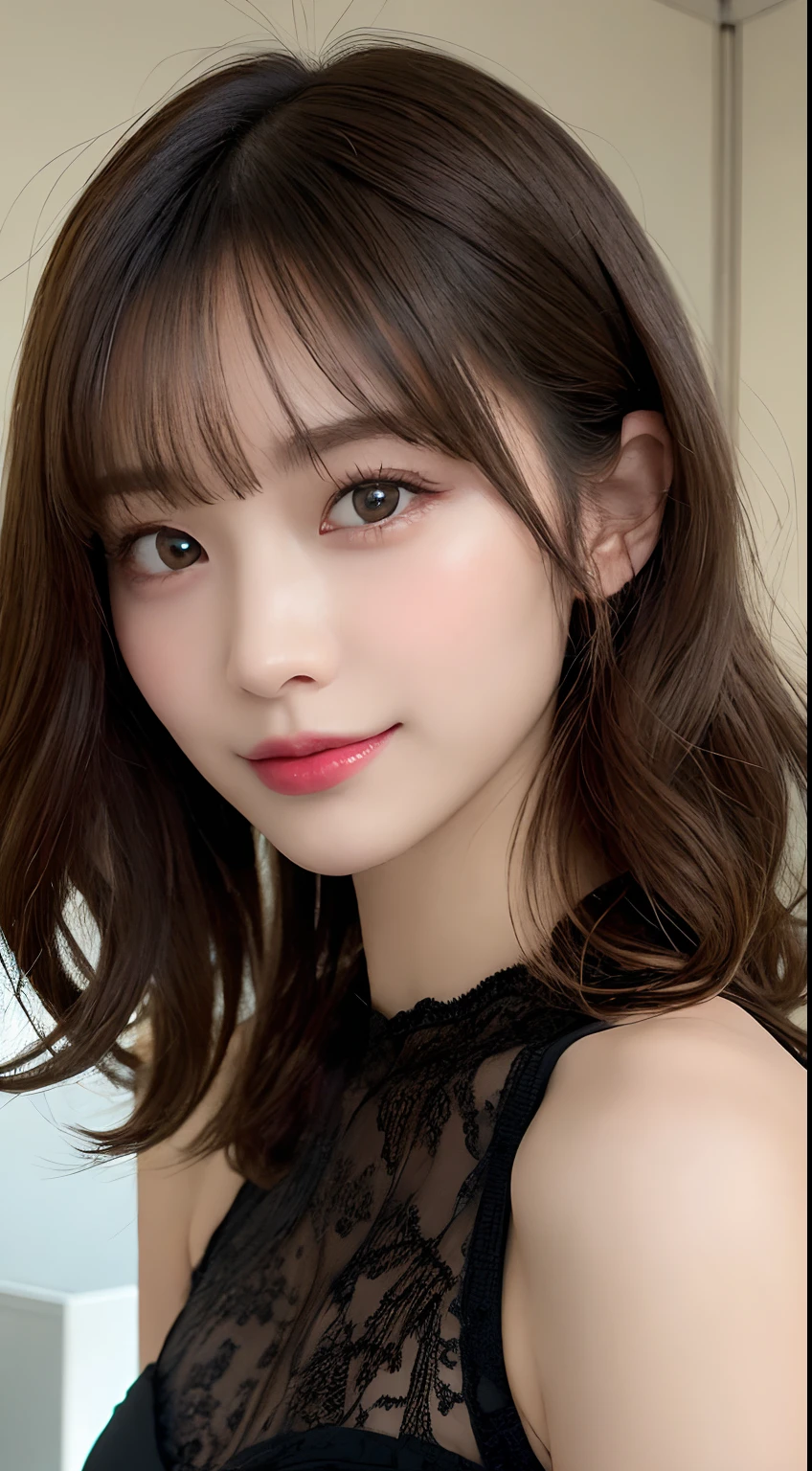 (best quality:1.2, highres, masterpiece:1.2), illustration, ultra-detailed, high resolution, 8K wallpaper, perfect dynamic composition, beautiful detailed eyes, lingerie attire, wavy hair, natural colored lips, bold and sexy pose, shy smile, Harajuku style, 20-year-old girl, cute style, sexy shot looking at the camera, close-up of the face