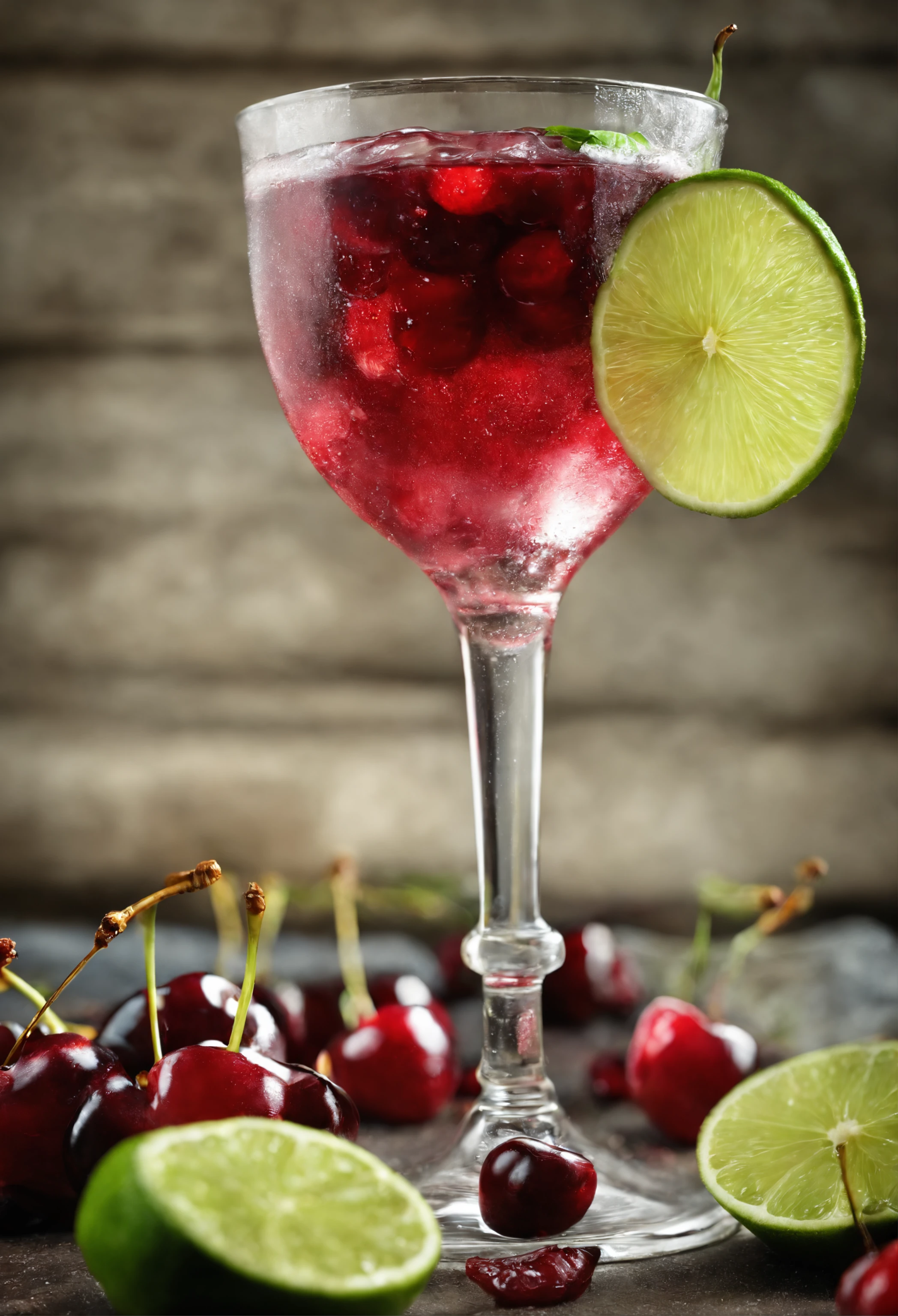 There was a glass of water，Inside there are cherry slices and lime slices, drink, colorful coctail, drinking cocktail, decor, berry juice drips, berry juice, cherry, mixed drink, cherry explosion, berry juice drips, Close-up Shot Shot, spatter, semi - realistic render, close up food photography,
