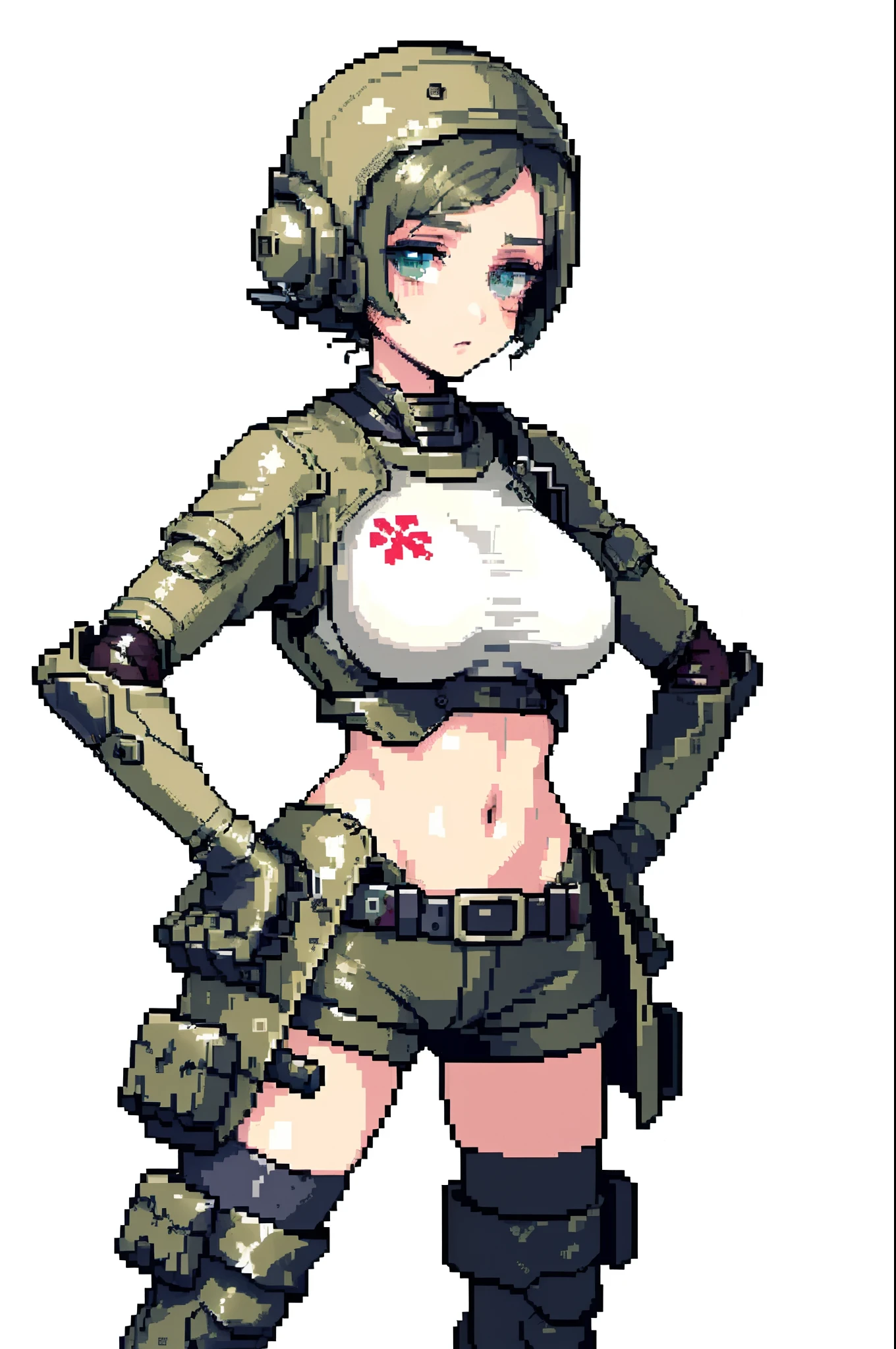 (tmasterpiece, hiquality, beste-Qualit), pixel, Pixel Art, 1 girl , body complet, (((Contemptuous, Hesitate))), (((whitebackground))), ((((Characters in the post-apocalyptic world of the wasteland)))), (close - up)