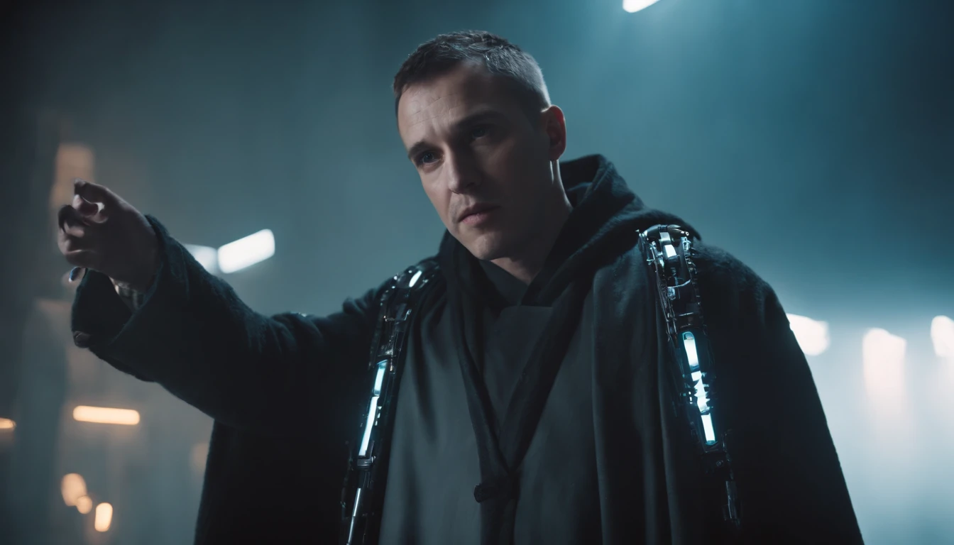 (Best Quality:1.3), (best performance:1.2), (Best Illustration:1.2), (Comic style:1.2), (Artistic movie lighting:1.2) (1man) Wearing futuristic technology cyberpunk electronic robes, His body is covered with metal parts, Horror movie backgrounds like the movie of a futuristic cyberpunk city.