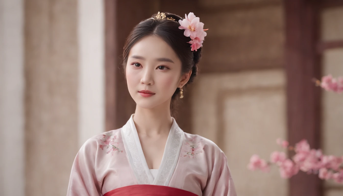 There is a cartoon girl in a dress, Chinese dress, hanbok apron, chinese costume, Traditional Chinese Costume, Close-up - View, hanbok, wearing ancient Chinese costume, with ancient Chinese costume, palatial palace, a girl in hanfu, white hanfu, Cheongsam, Wearing pink flowers chiton, shadow room, Light Edge, Two-tone lighting, (High Detail Skin: 1.2), 8K UHD, Digital SLR, Soft light, High quality, Volumetric lighting, Sneak Peek, Photo, High resolution, 4K, 8K, Background bokeh
