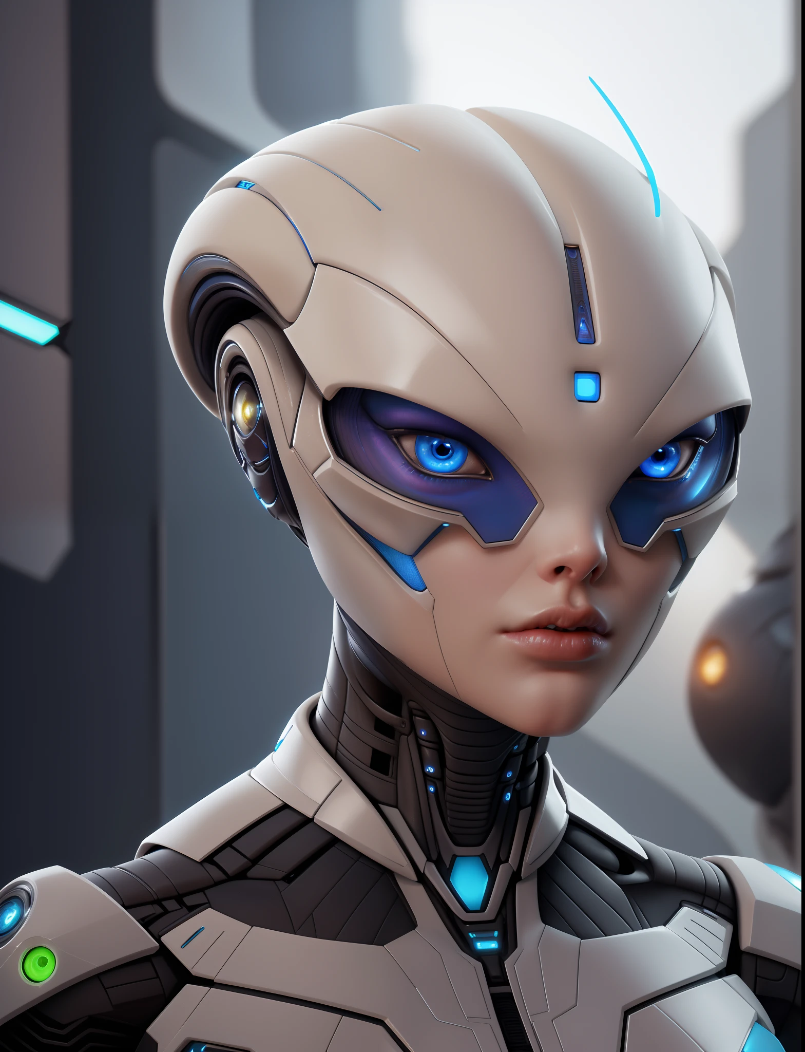 there is a Alien woman in a futuristic suit with blue eyes, sci-fi android female, portrait of female humanoid, portrait of a humanoid alien, attractive sci - fi face, portrait beautiful sci - fi girl, ultra detailed female android, portrait of a sci - fi woman, female alien, portrait of a female android, 3 d render character art 8 k