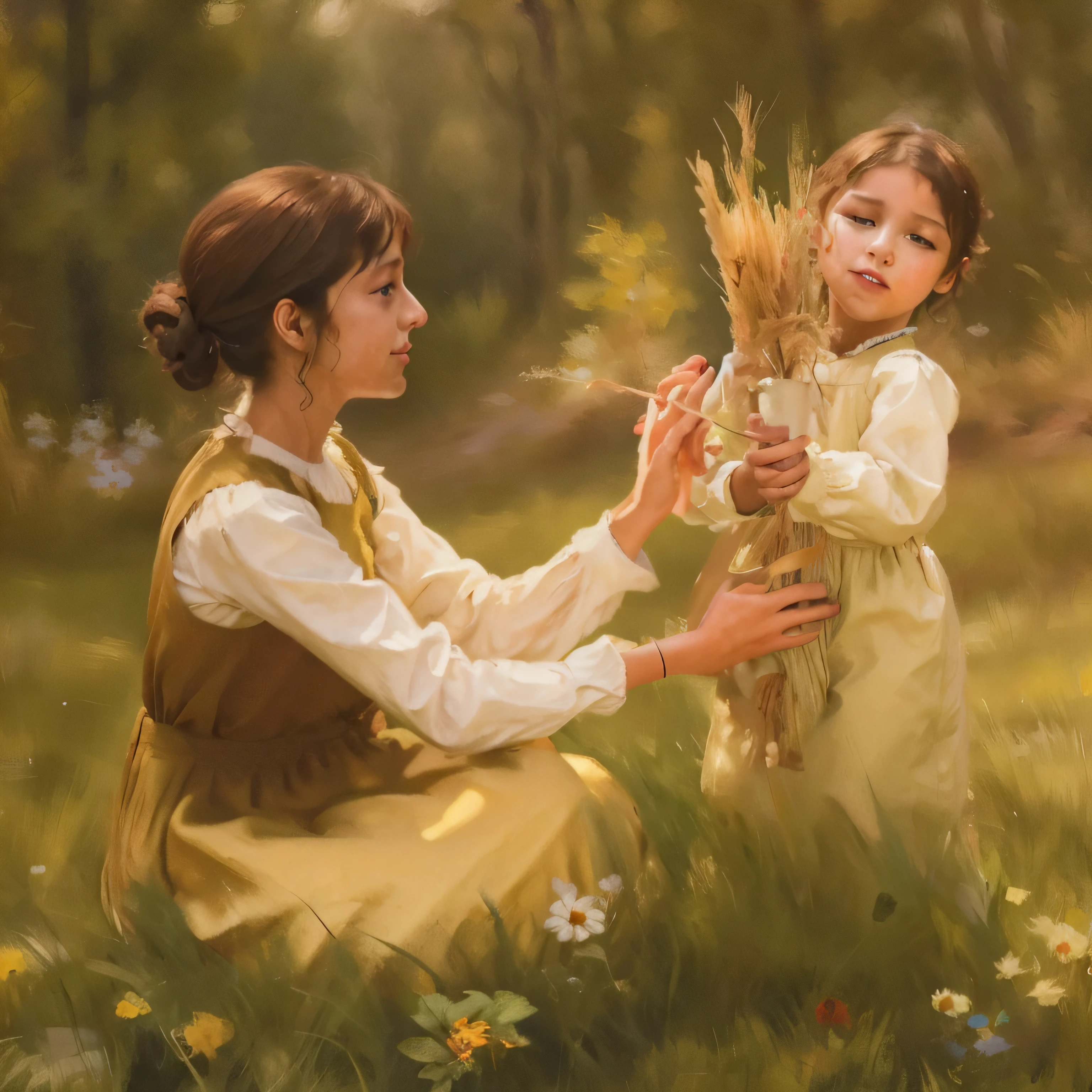 Draw a field with a woman and a on the grass, In Renoir's painting style, OilPaintStyle, inspired by William-Adolphe Bouguereau, pudica gesture bouguereau style, inspired by Jules Breton, OilPaintStyle, Renaissance painting, Oil painting details,Thick texture