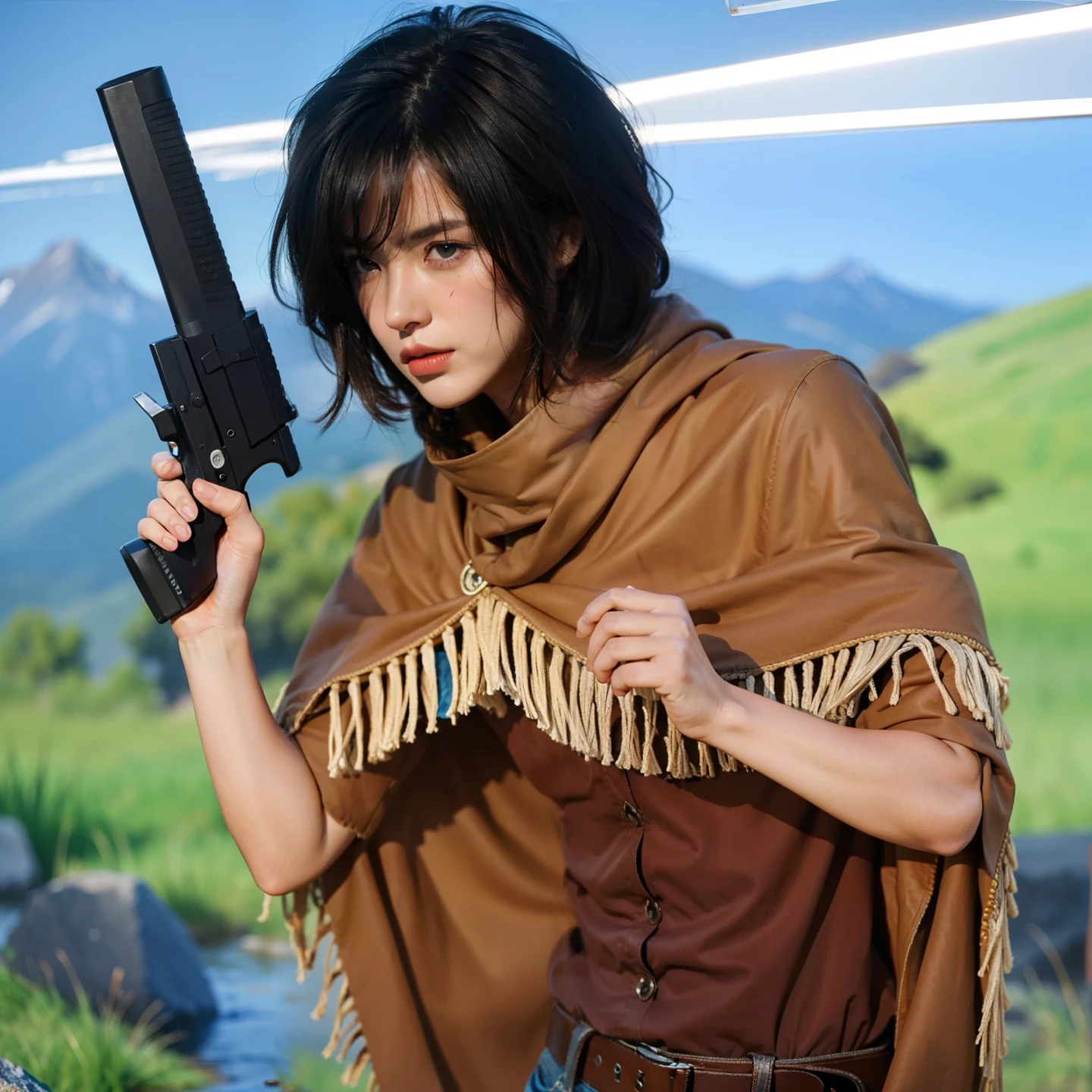 (male:1.2), 8k, ultra hd, ultra detailed texture, hyper realistic, masterpiece, detailed texture, detailed face, detailed skin, detailed lighting, (photorealistic:1.5), best quality, beautiful lighting, cinematic lighting, professional lighting, ultra highres, realistic, detailed hair, real hair, high quality, (realskin:1.5), extremely detailed, finely detail, ultra-detailed, 1boy, black hair, holding handgun, cowboy clothes, serious face, brown cape, blurry background, mountain views, hair over one eye