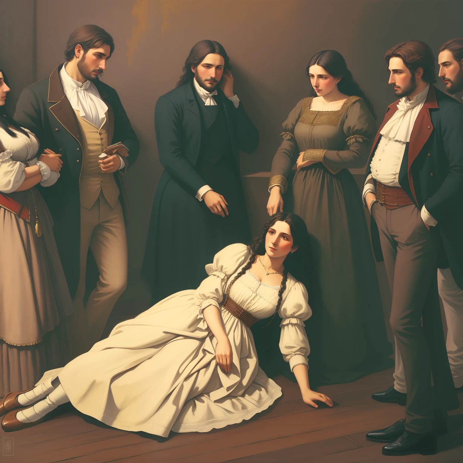 Painting of a woman lying on the floor with a group of people, mourning family, inspirado em Francesco Hayez, kramskoi 4 mil, Davis, inspired by Théodore Chassériau, pintura digital barroca, Pintura da Era Vitoriana, No estilo de arte de Bowater, Directed by: Francesco Hayez, classic paint, inspirado em Jakub Schikaneder