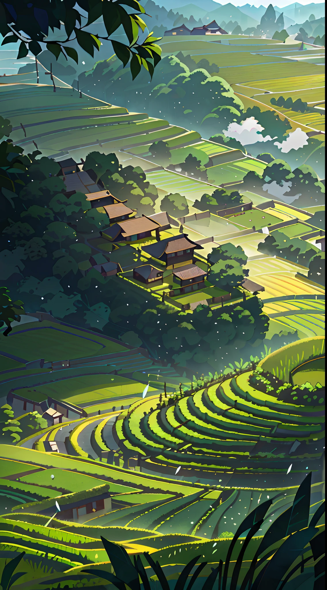 Large expanses of terraced fields, mountains, huts, with rice fields, rice fields, neat rice seedlings in the fields, misty rain, villages, agriculture, in the tranquil landscape, misty weather, in the vast tranquil landscape, in the early morning, in the morning mist, behind a small village, mist, Japanese countryside, thatched roofs --v 6