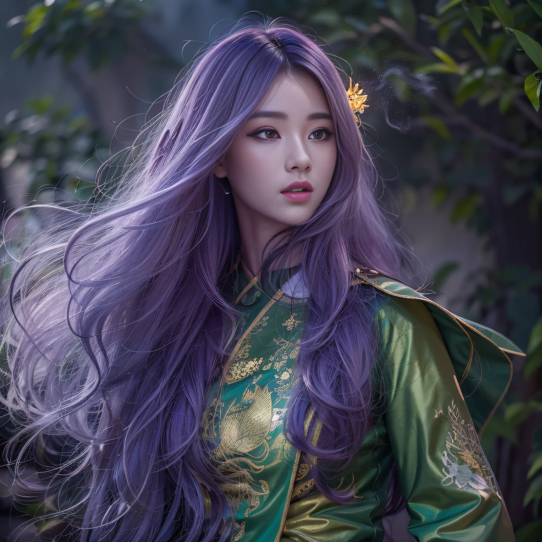 32k(masterpiece,HD,超HD,32k)Bright purple long flowing hair,autumn pond,Ziddink, a color, Asian (Silly girl), (silk scarf), fighting stance, looking at the ground, long white hair, Floating bright purple, Fire cloud gold headdress, Chinese long-sleeved gold silk garment, (Abstract ink splash:1.2), Black smoke background,Lotus protector(realistically:1.4),Bright purple hair,Smoke on the road,The background is very pure, high resolution, detail, RAW photos, Sharp Re, Nikon D850 film photo by Jefferies Lee 4 Kodak Portra 400 camera F1.6 guns, colorful, Ultra-realistic and vivid textures, dramatic lighting, Unreal Engine Art Station Trend, Sinest 800,Bright purple long flowing hair