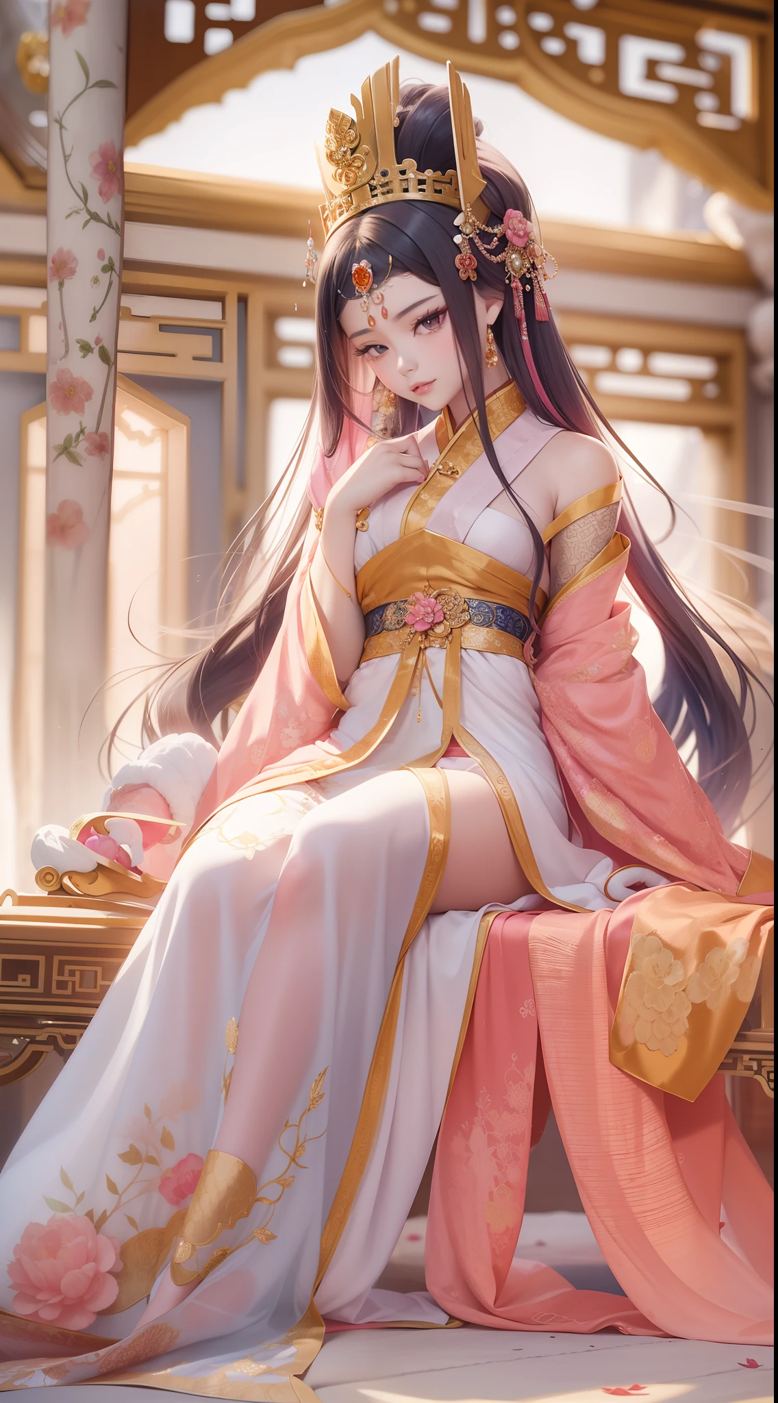 Alafi in a pink and orange dress sat on the bed, a beautiful fantasy empress, lovely languid princess, Palace ， A girl in Hanfu, ((a beautiful fantasy empress)), China Princess, full-body xianxia, Oriental fantasy, gorgeous chinese models, a stunning young ethereal figure, Beautiful goddess, Princesa chinesa antiga, Cheongsam