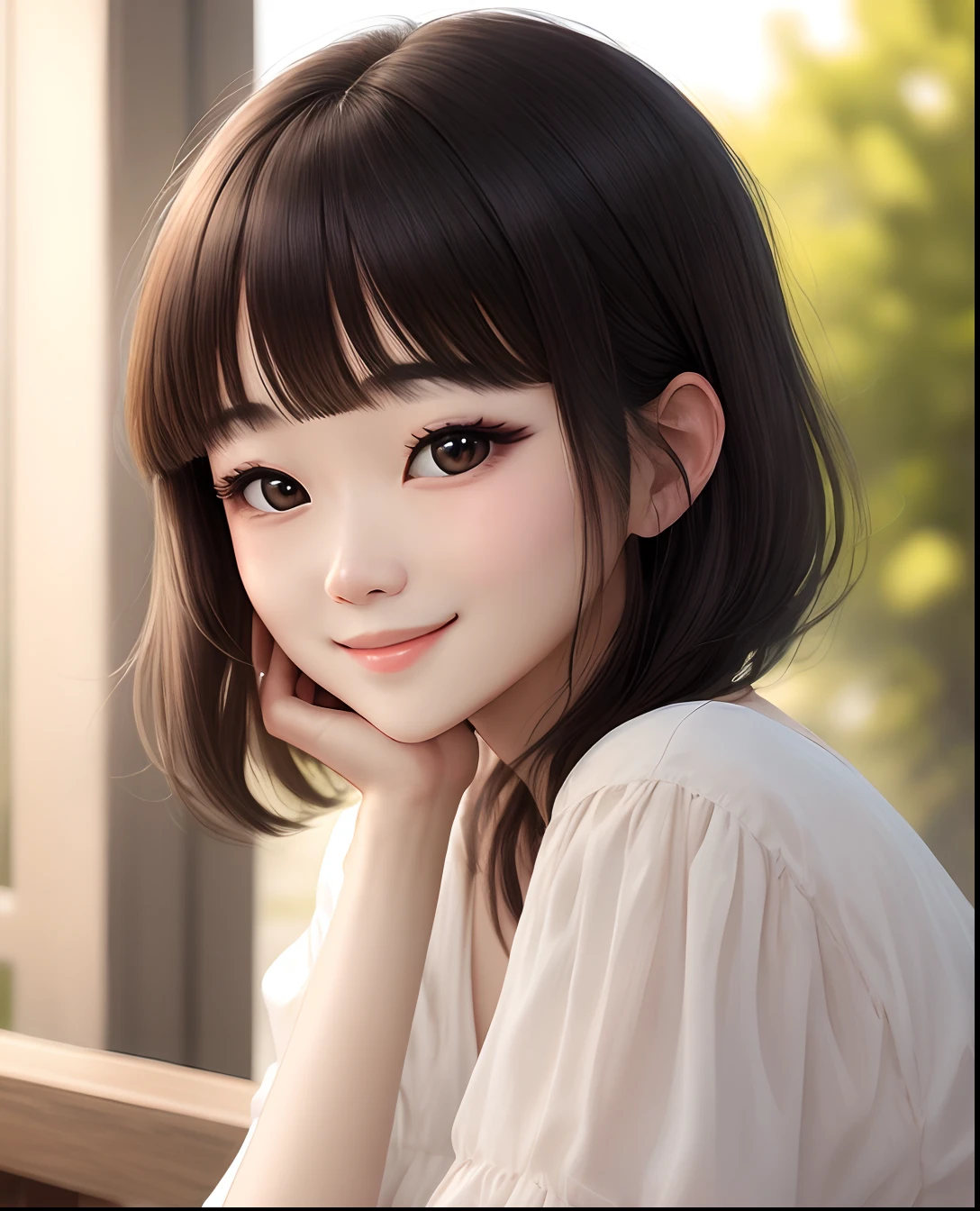 A dark-haired、With bangs、a smile、Charming、Long、natural make up、light skinned、with round face、