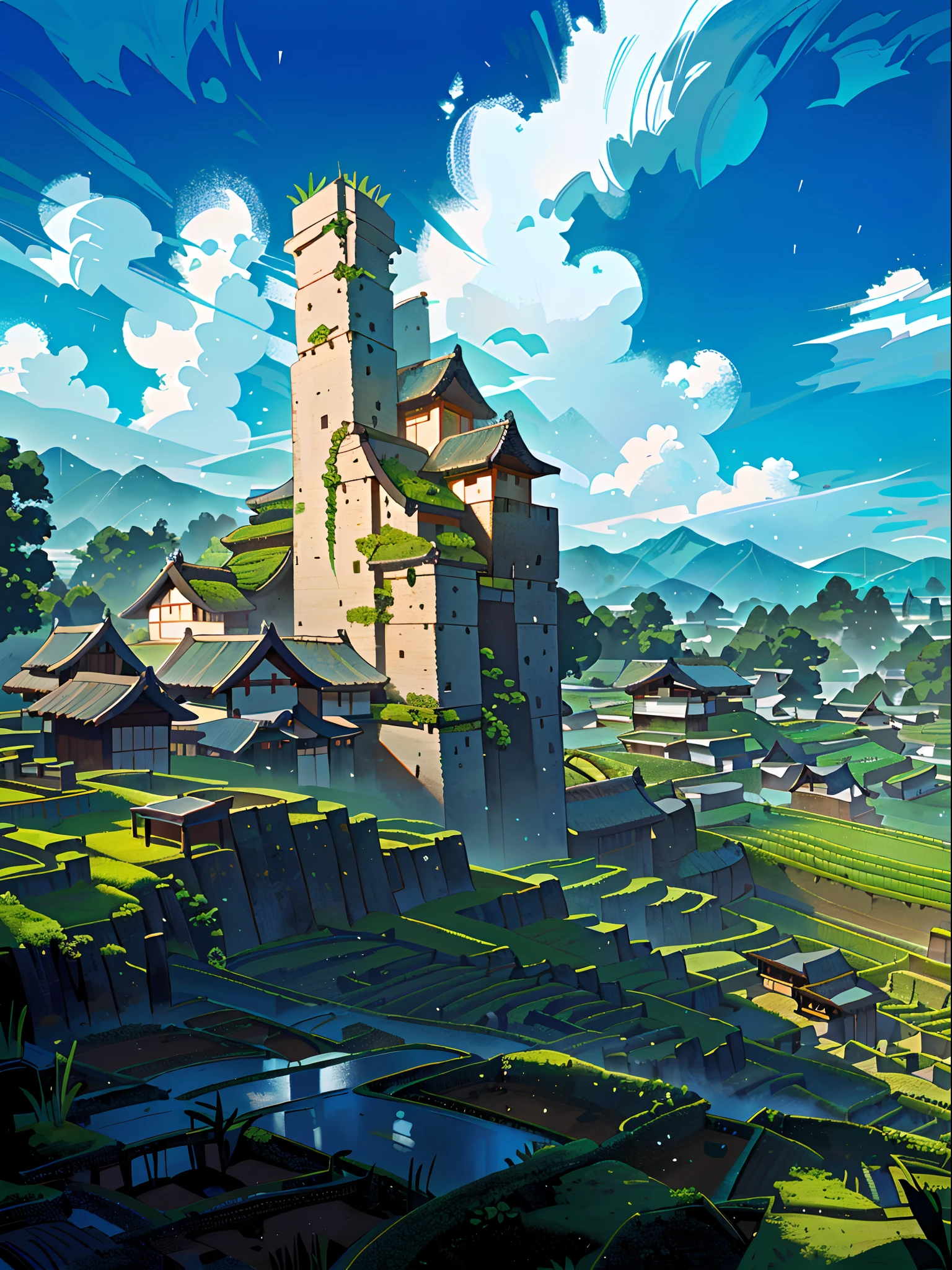 Large expanses of terraced fields, mountains, huts, with rice fields, rice fields, neat rice seedlings in the fields, misty rain, villages, agriculture, in the tranquil landscape, misty weather, in the vast tranquil landscape, in the early morning, in the morning mist, behind a small village, mist, Japanese countryside, thatched roofs --v 6