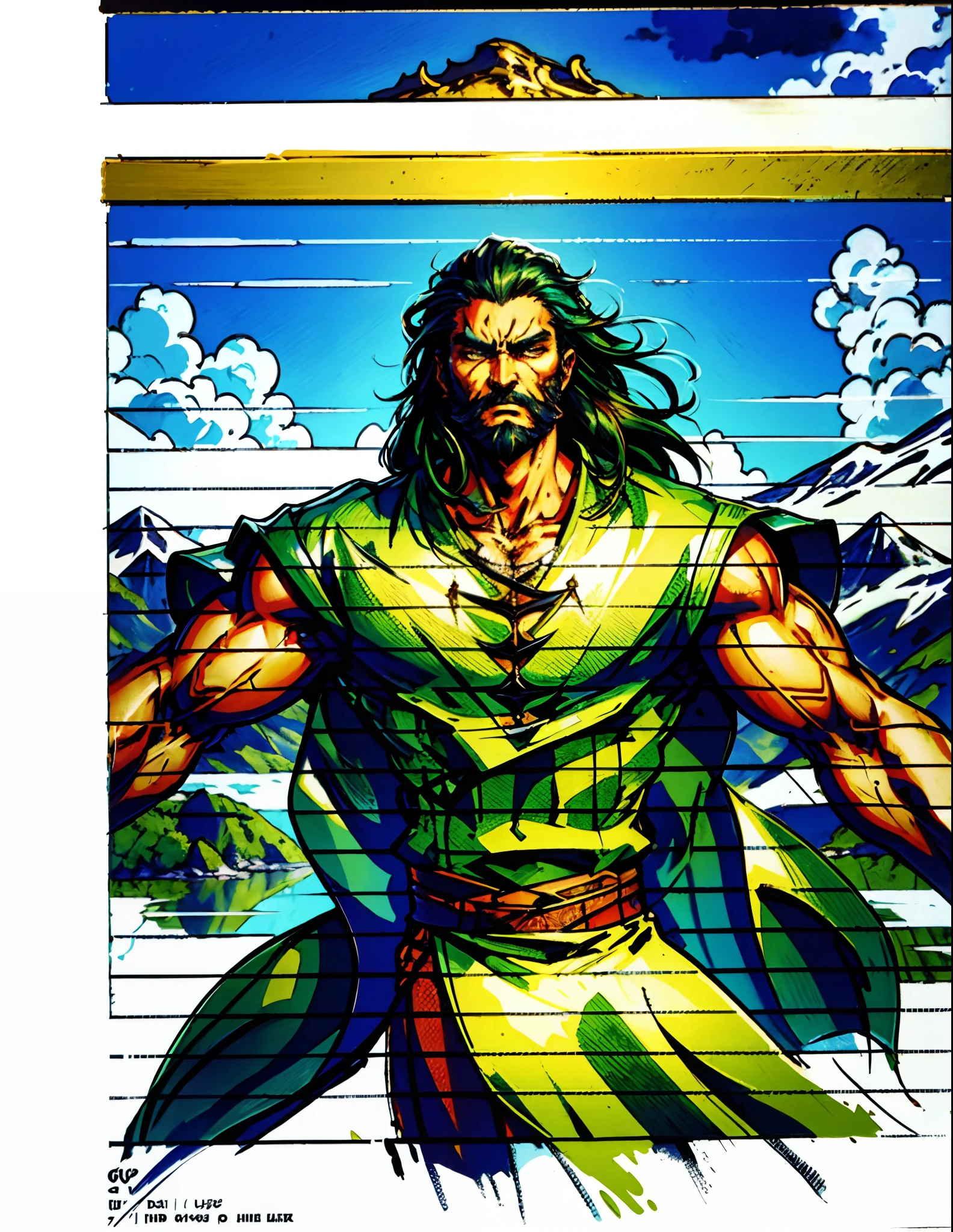 A middle-aged man around 50 years old, disheveled long hair and a long beard, his calm expression reveals wisdom, he wears a loose-fitting moss green robe, golden embroidery patterns, stands confidently in the wind, in a mountain valley with a stream, a broad blue sky, this character embodies a finely crafted fantasy-style Chinese martial hero design in anime style, characterized by a sophisticated and mature manga illustration art style, high definition, best quality, highres, ultra-detailed, ultra-fine painting, extremely delicate, professional, anatomically correct, symmetrical face, extremely detailed eyes and face, high quality eyes, creativity, RAW photo, UHD, 8k, Natural light, cinematic lighting, masterpiece:1.5