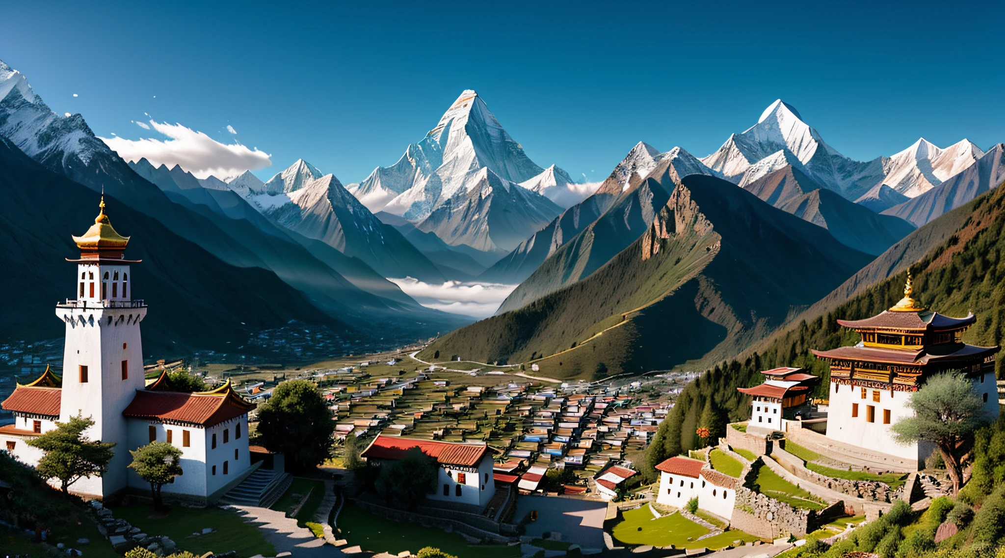 The Himalayas rose up majestically in the distance, their snow-capped peaks stretching towards the sky like icy fingers. As the observer drew closer, they could see that the mountains were swathed in a cloak of mist and clouds, their rugged slopes and craggy ridges softened by the diffuse light. The air was crisp and clear, with a tang of pine and juniper on the breeze. Beneath the mountains, the valley stretched out in a patchwork of green, terraced fields, the glint of streams and waterfalls visible in the distance. The hillsides were dotted with clusters of colorful houses, their bright paint and ornate decorations standing out against the surrounding landscape. Here and there, a monastery or temple perched on a hilltop, its white walls gleaming in the sunlight. Prayer flags fluttered in the wind, their bright colors contrasting with the muted tones of the mountains, HDR, UHD, 64K