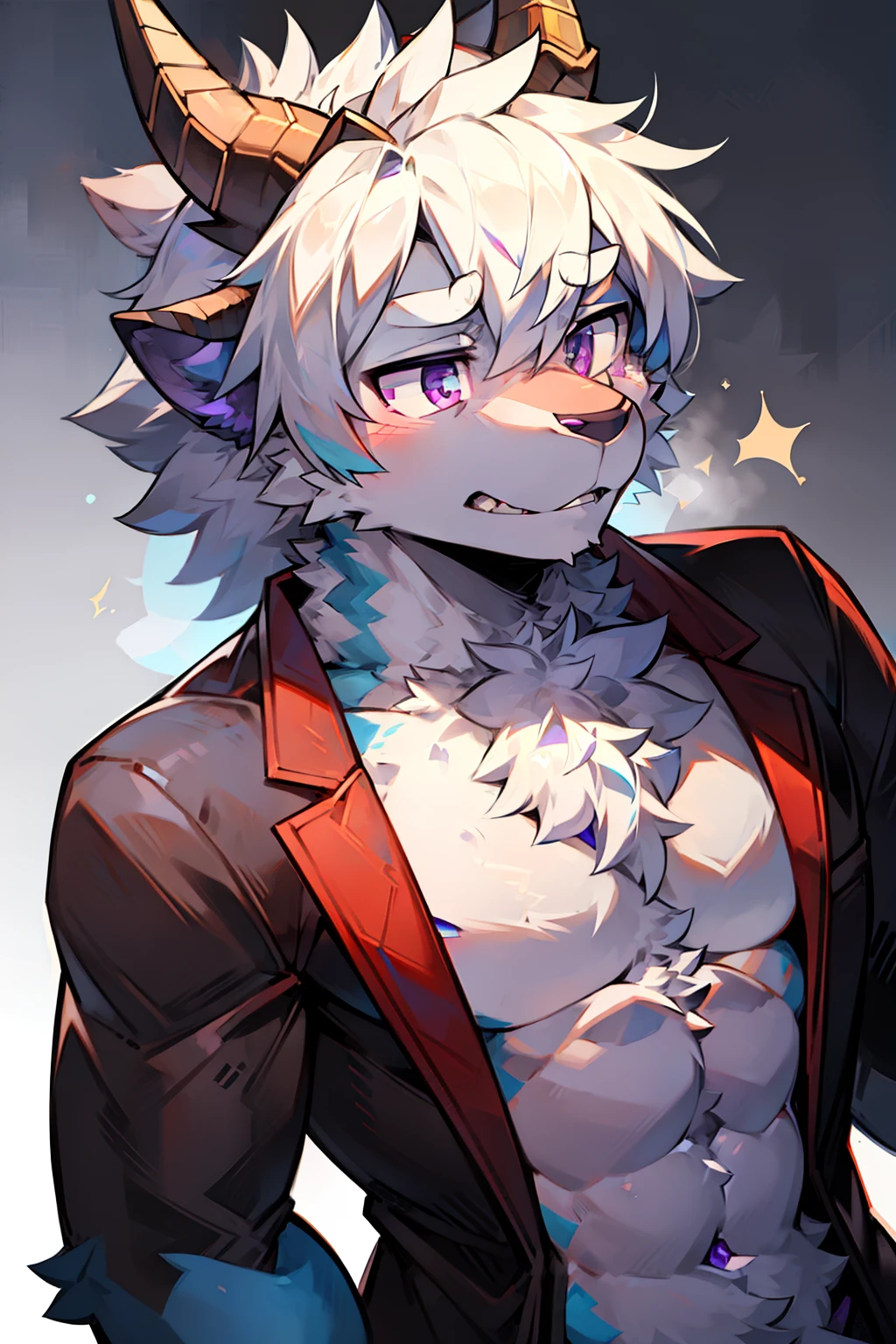 solo person，shaggy male，hairy chest，a Oriental Dragons，Oriental Dragons，Dragon's horn，Blue fur，long  white hair，Purple eye，White pupils，cross-shaped pupils，Bullied，full bodyesbian，Handsome，The expression was serious，apathy，Contempt for everything，starrysky，，Sex life