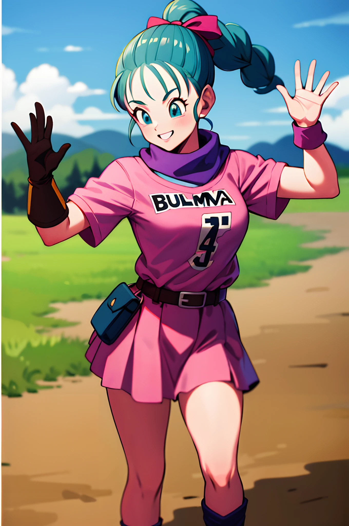 masterpiece, best quality, highres, dragon ball, blmpony, aqua hair, hair ribbon, braided ponytail, pink shirt, belt, scarf, pink skirt, clothes writing, brown gloves, medium breasts, outdoors, cowboy shot, waving, smile