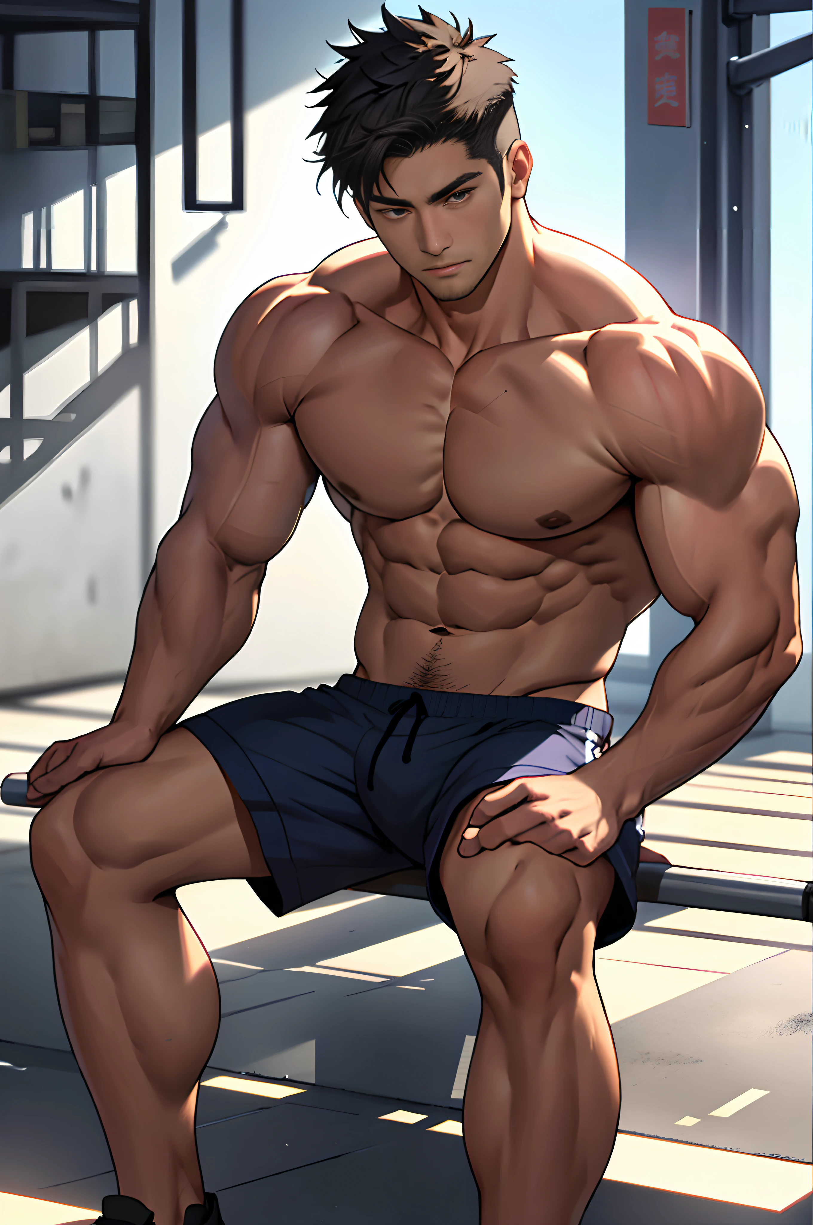 best qualtiy，tmasterpiece，face expressionless，超高分辨率，detailedbackground，realisticlying，1人，独奏，male people，musculous，Mature male，short detailed hair，Handsome looks，Sit Pose，full bodyesbian，Detailed muscle texture，sofe，Real shadows and light，depth of fields，boobgasm，biceps，chest muscle，Abs，Sports super shorts，