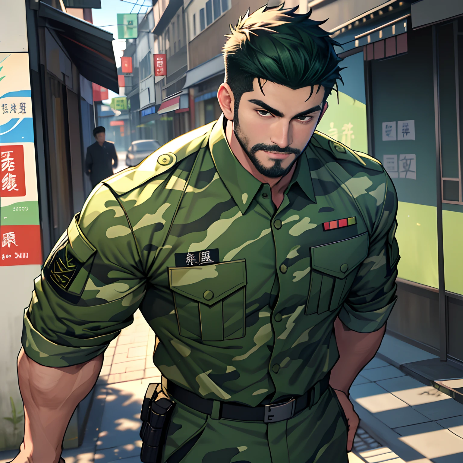 best qualtiy, tmasterpiece, 超高分辨率, detailedbackground, photorealestic, illustratio, Single, 1 boy, Young, Handsome, Mature man, sbeard, swat, the street, musculature, Facial hair, Volumetriclighting, depth of fields, (Green camouflage uniform)