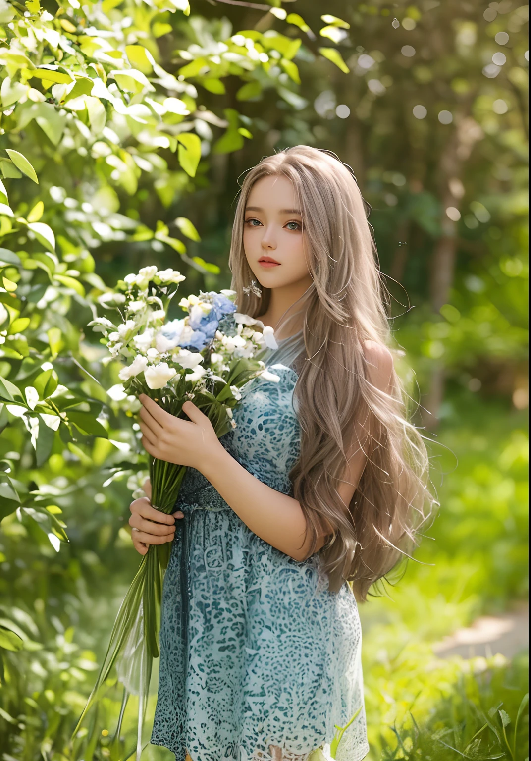 En plein air、The ultimate beauty、poniteil、Hair Care、Very beautiful 18 year old cute girl、mini skirt、shiny white, young, beautiful skin、Sexy and very beautiful appearance、extremely cute face，extremely beautiful、Super long shiny natural platinum blonde、silky straight hair、Wide-open green eyes，Hair on ve tru, dress in the wind